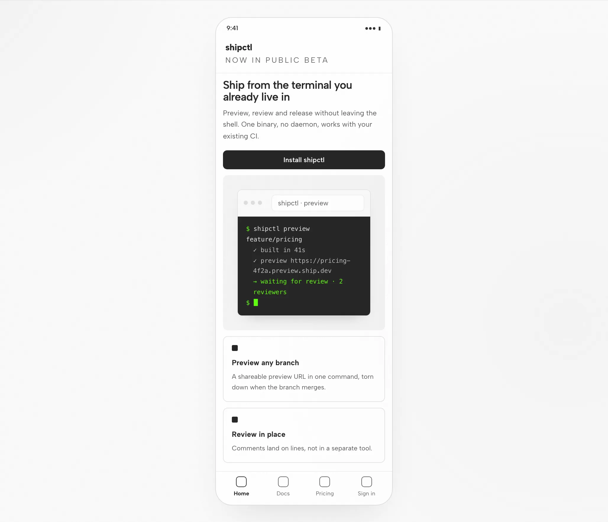 Artefact Copilot : page de lancement en 1440px et 390px — Mobile