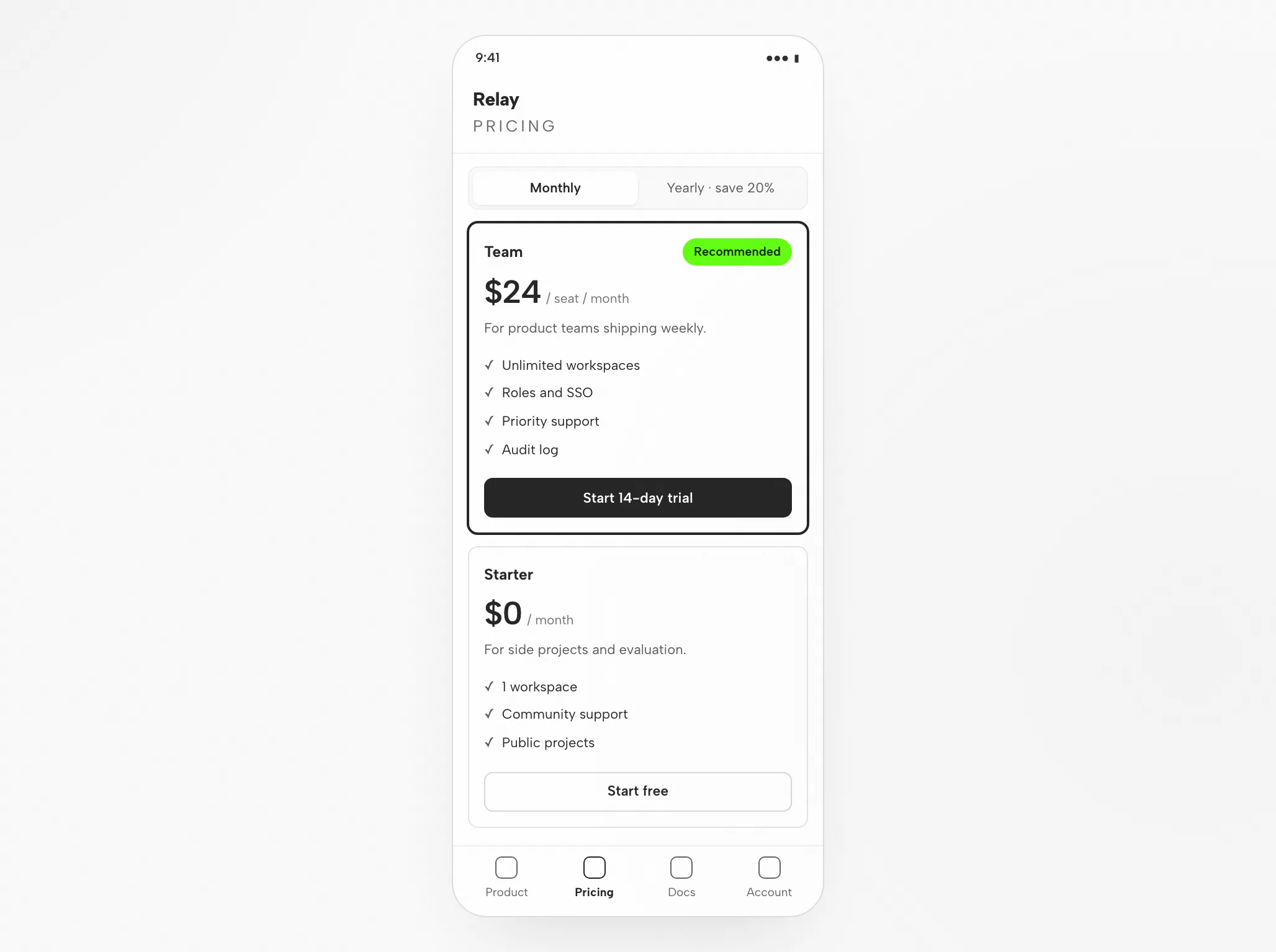 Cursor Artifact: Pricing Page at 1440px and 390px — Mobile