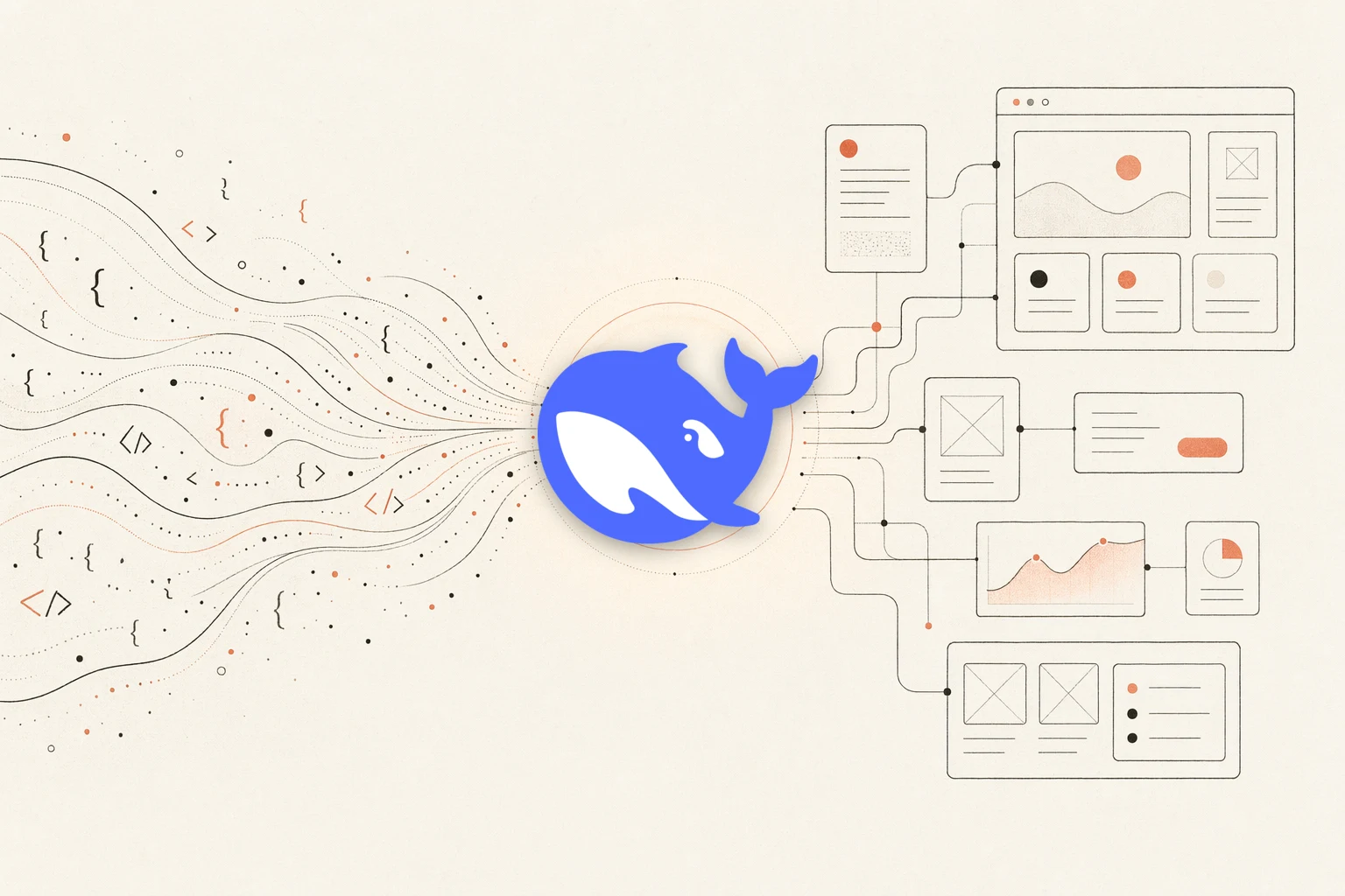 Ciclo de feedback de design do DeepSeek TUI: um agente de terminal lendo referências e convenções, um navegador renderizando a UI e um espaço de trabalho, com uma seta de feedback voltando ao início