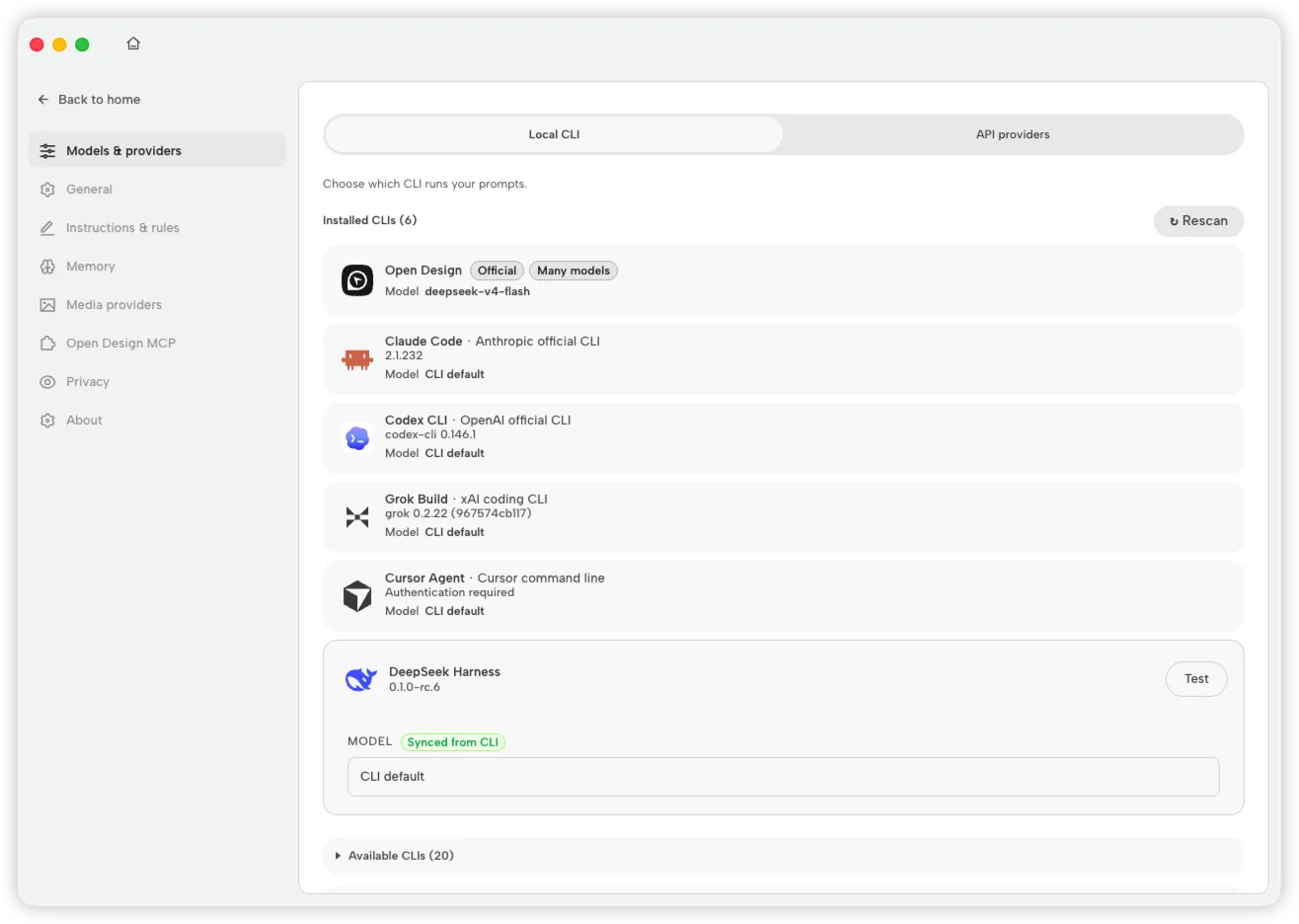 Open Design Modeller ve sağlayıcılar ayarlarında DeepSeek Harness yüklü, CLI'den eşitlenmiş ve teste hazır durumda