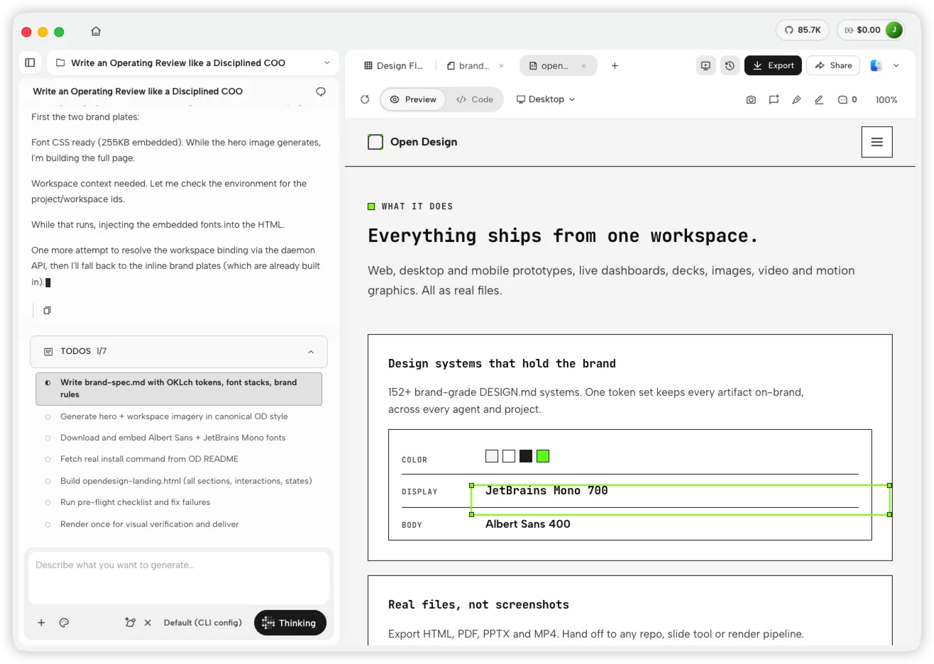 Open Design çalışma alanında, oluşturulmuş markalı açılış sayfası önizlemesinin yanında bir DeepSeek Harness görevi