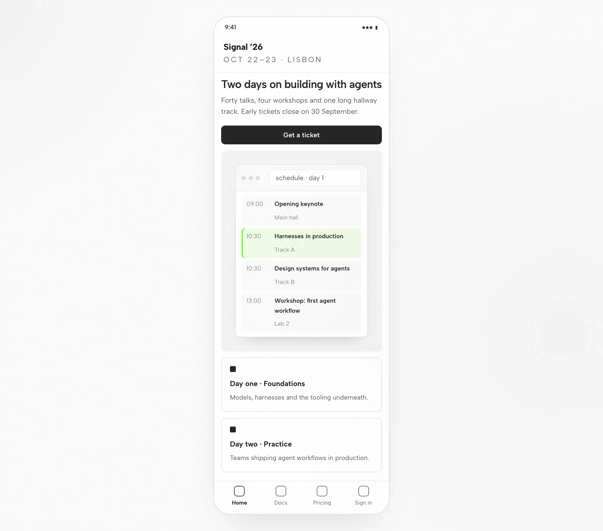 Grok-Artefakt: Eventseite bei 1440px und 390px — Mobil