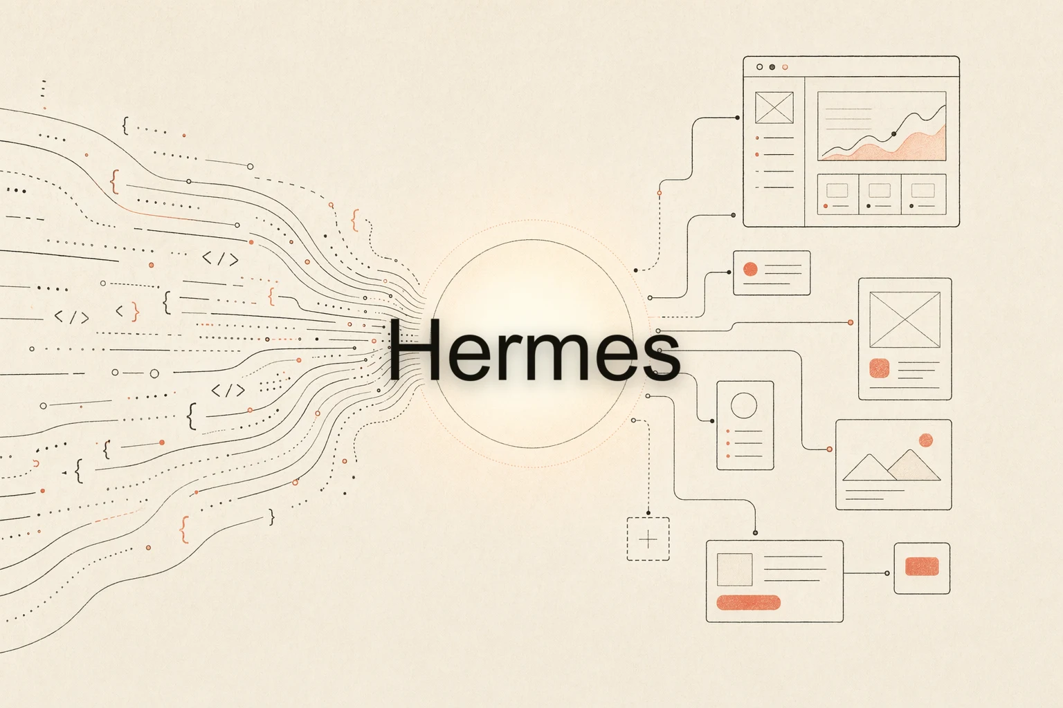 Laço de feedback de design do Hermes: um agente de terminal autônomo lendo uma imagem de referência, delegando a subagentes, um navegador renderizando a UI e um workspace, com uma seta de feedback voltando ao início