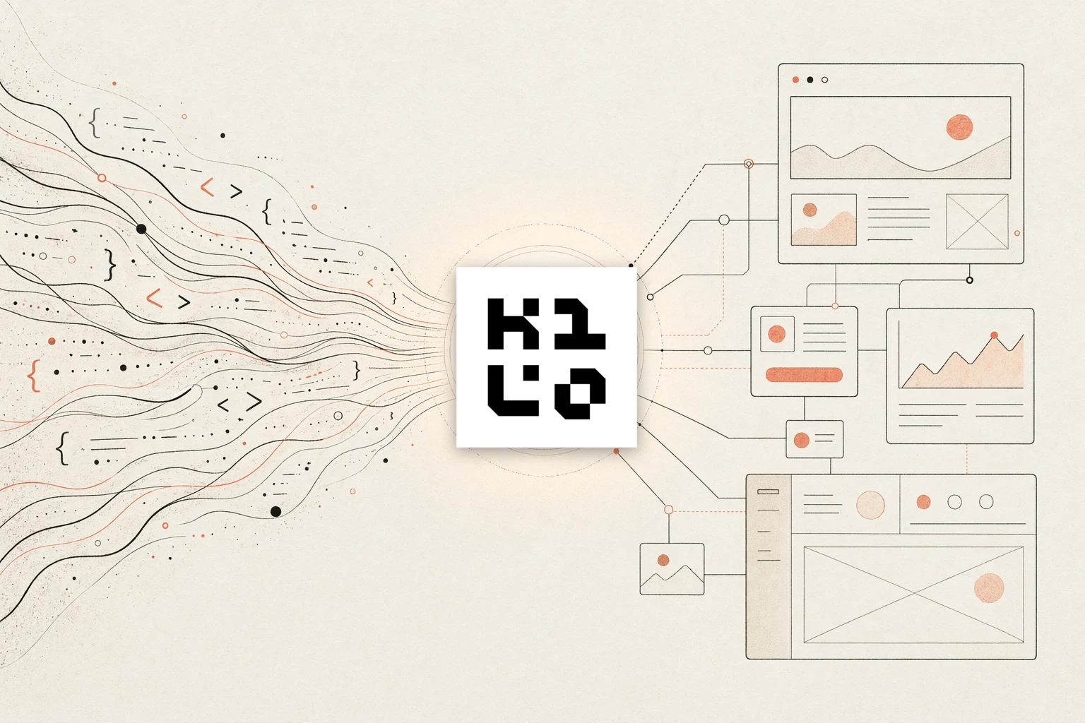 Ciclo di feedback del design con Kilo Code: un agente nell'IDE e nel terminale che legge un'immagine di riferimento, un browser che renderizza l'UI e un workspace, con una freccia di feedback che ritorna