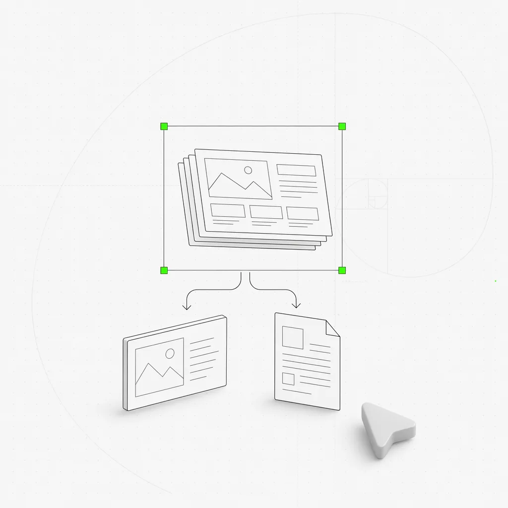 Ein fertiges Foliendeck hebt sich von der Leinwand ab und teilt sich in eine PPTX-Datei und eine PDF-Datei, die beiden Ausgabedateien gerahmt in einem grünen Auswahlkasten vor einem nahezu weißen redaktionellen Hintergrund