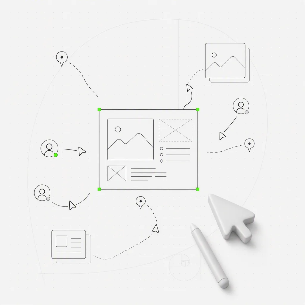 A shared design workspace with one central project canvas, several collaborator cursors and comment pins, held inside a precise green selection frame on a near-white editorial ground