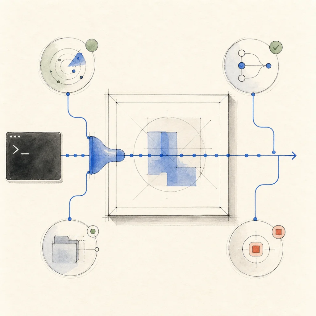 A command-line prompt passes through a blue native runtime connection into a design canvas, surrounded by controls for model discovery, reasoning selection, session resume, and cancellation