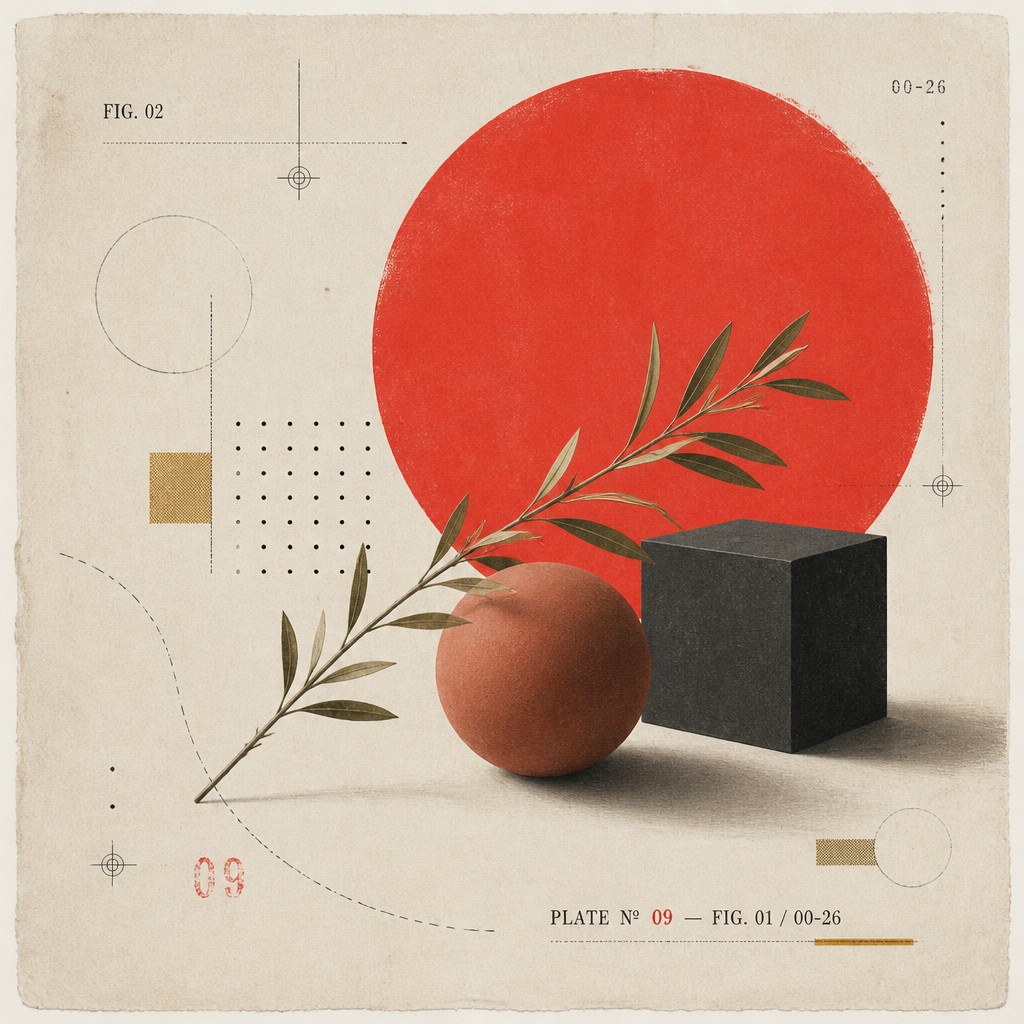 A geometric study plate with a red circle, branch, sphere, and black cube