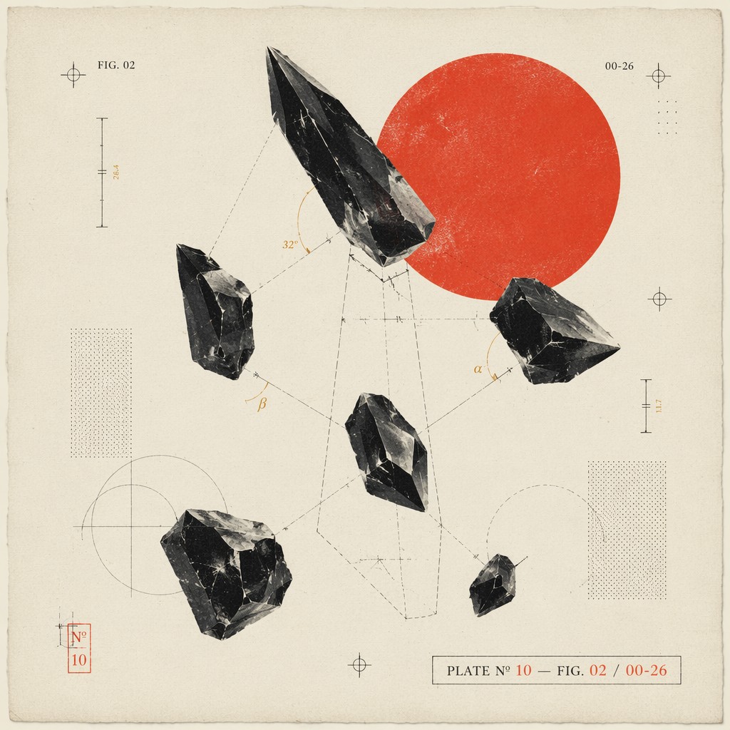 An editorial plate with black crystal fragments arranged around a red circle