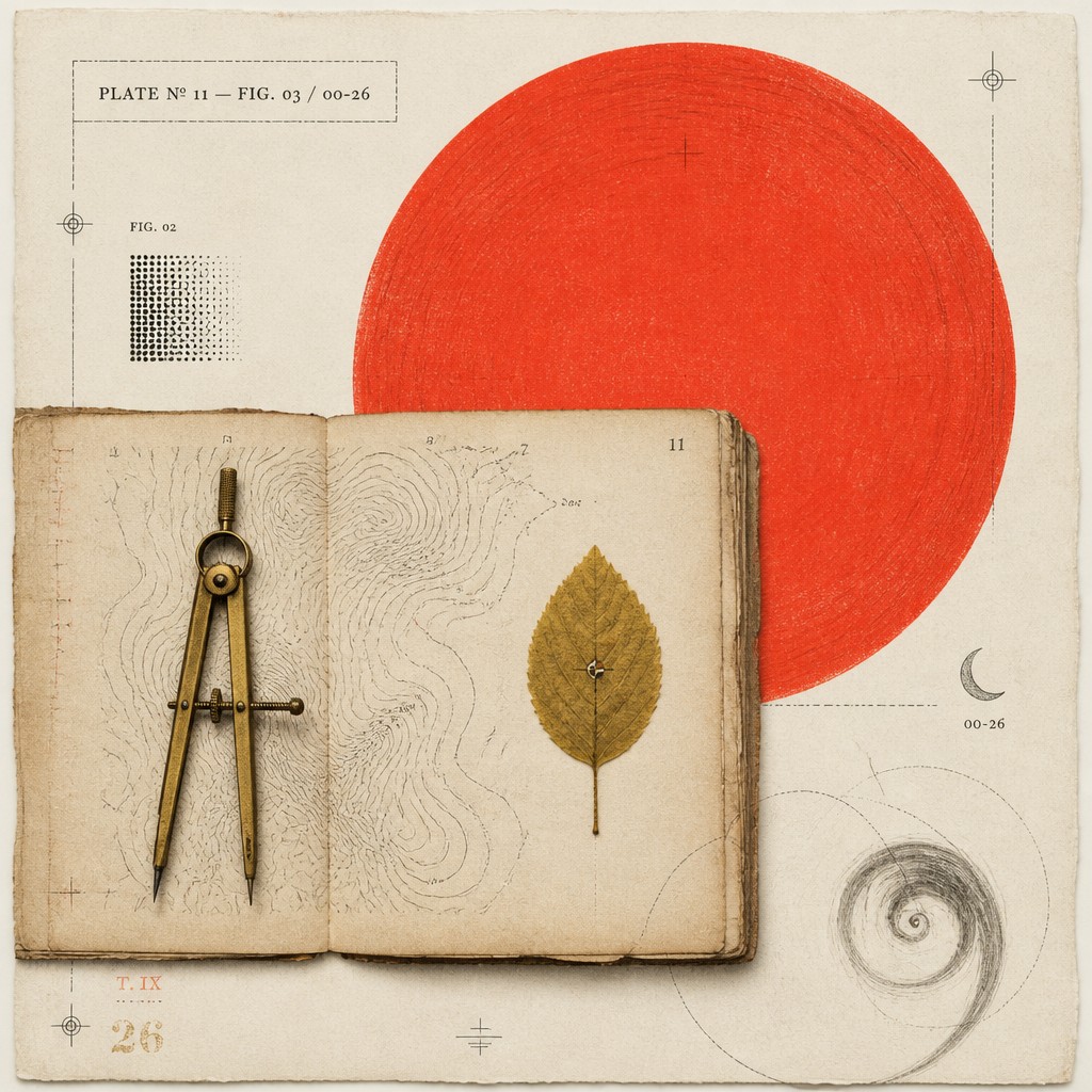An open notebook with a brass compass and leaf over a red circle study plate