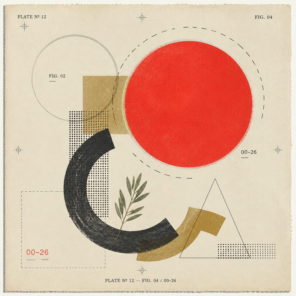 An abstract paper plate with a red circle, dotted fields, arcs, and leaves