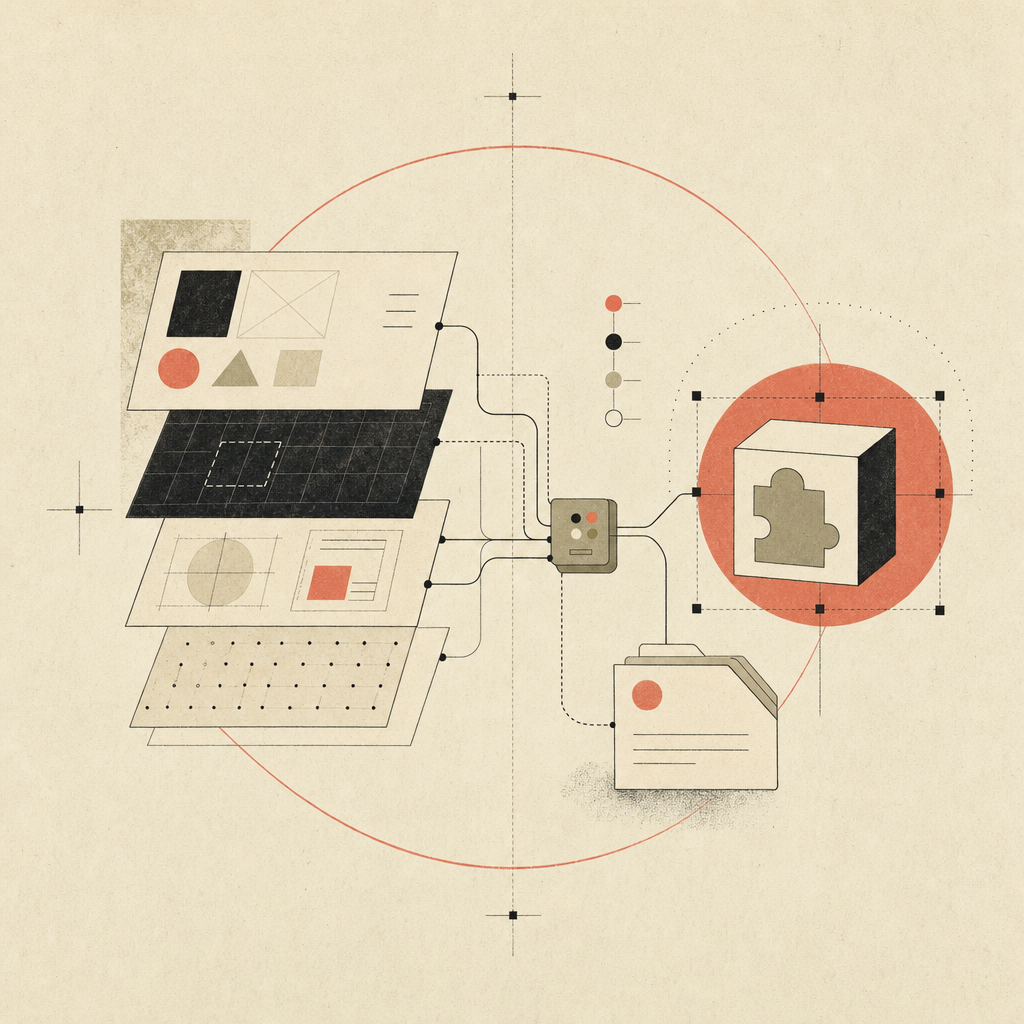 An abstract workflow of frames, connectors, and a plugin module on a warm paper study plate