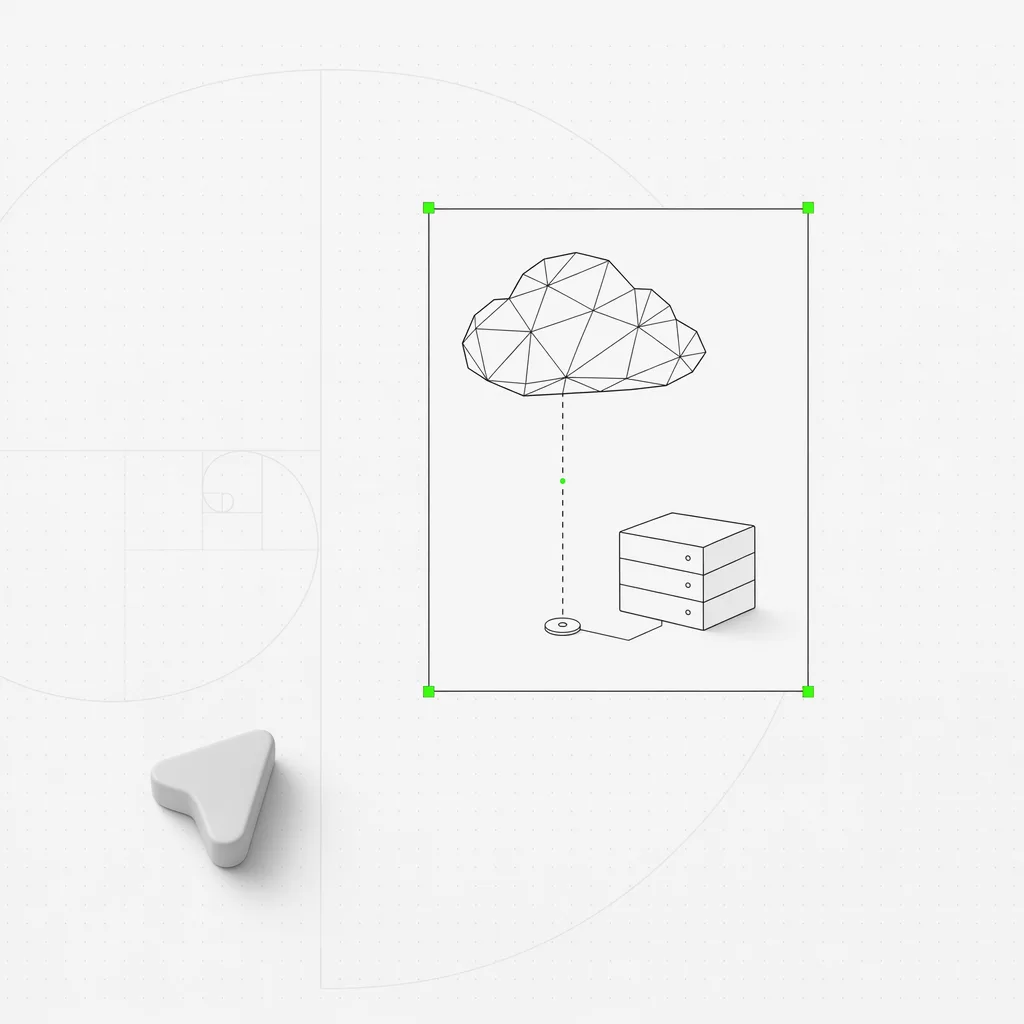 A black faceted cloud solid tethered by a dashed line to a small ground anchor and server block, on a warm editorial study plate