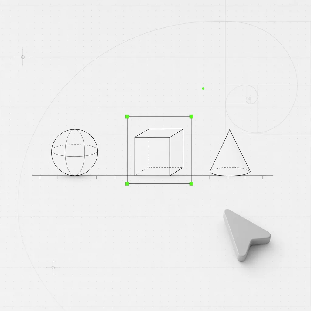 Three black faceted polyhedra on a measured baseline, only one slotted into a bracket frame while the others sit loose, on a warm editorial study plate