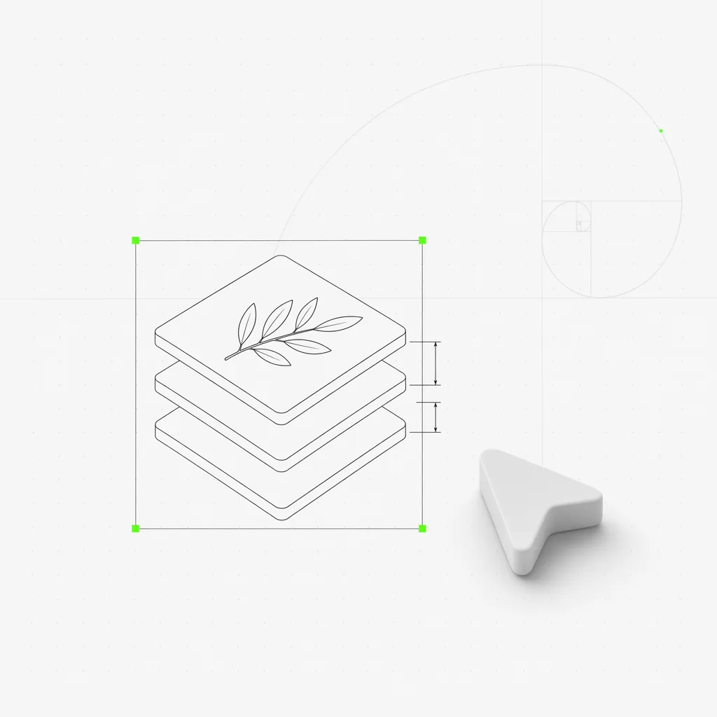 Three thin black slabs stacked with visible gaps like a layer stack in isometric, dimension ticks marking the gaps, an olive leaf on top, on a warm editorial study plate