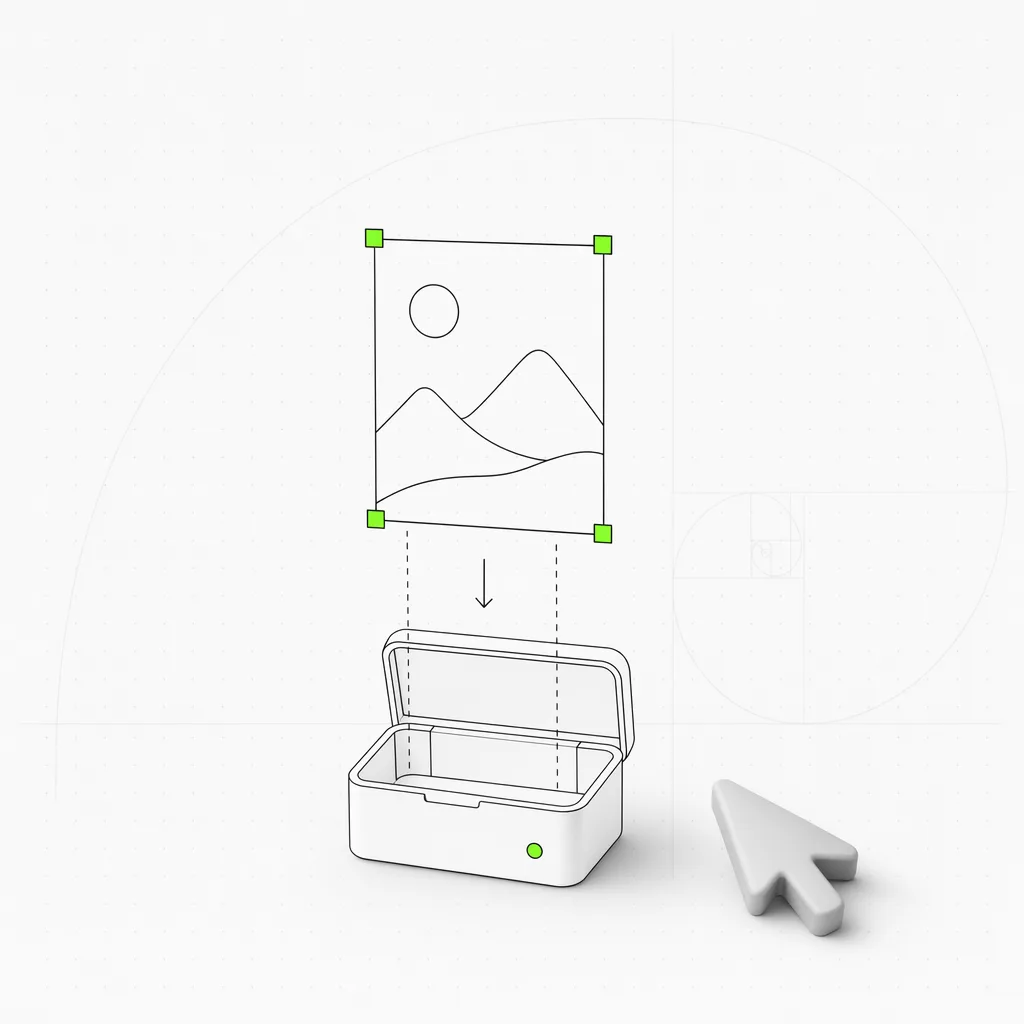 Ein Design-Frame, der aus einer Canvas extrahiert und in eine portable Modul-Box abgelegt wird, ausgewählt in einem grünen Rahmen auf einem nahezu weißen redaktionellen Untergrund
