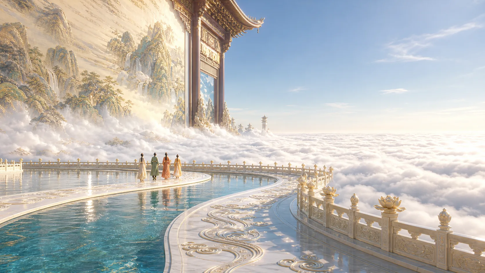 A luminous Chinese celestial palace floating above a sea of clouds