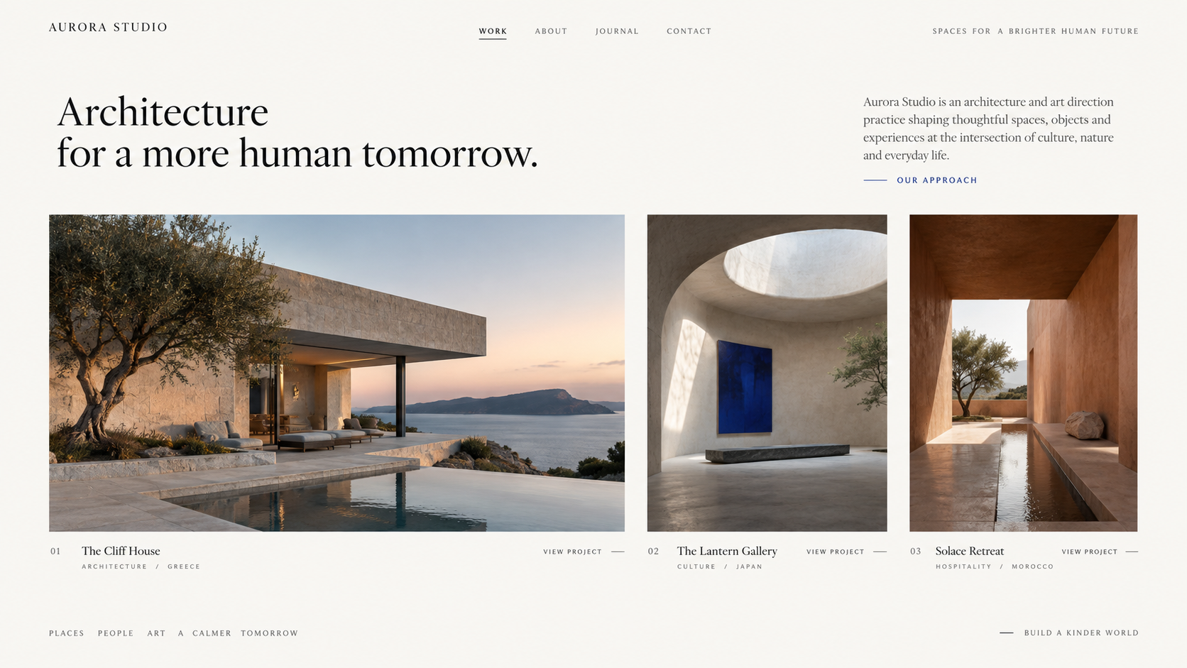 AI website builder example for an architecture portfolio, showing a complete desktop homepage with a wide project image and editorial gallery.