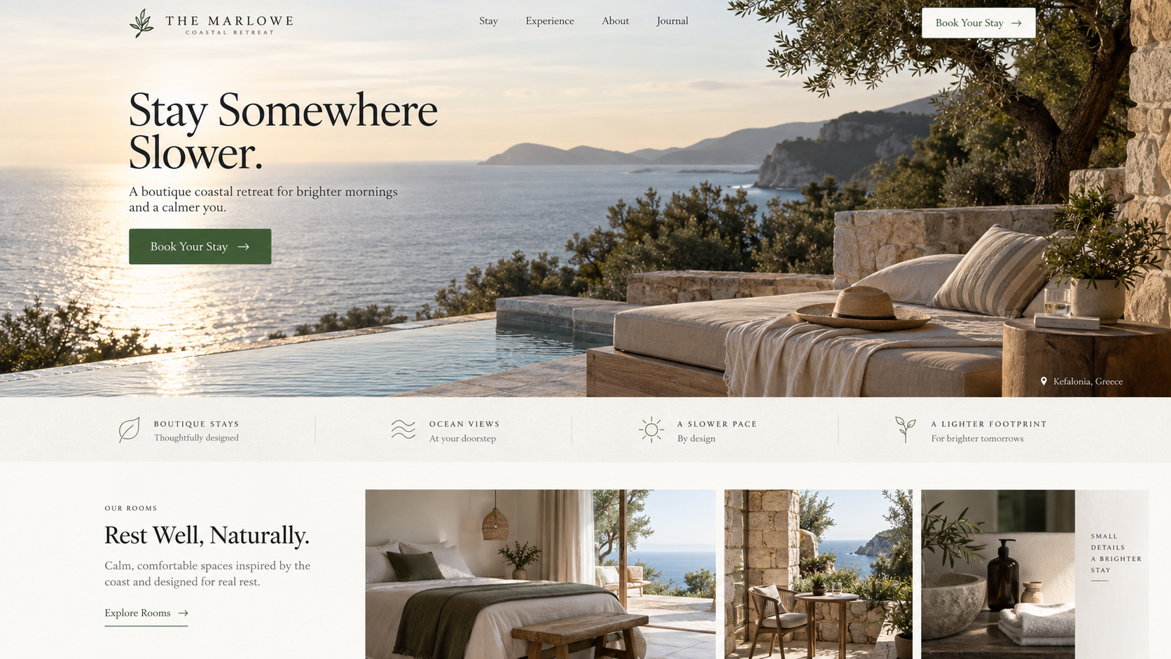 AI website builder for developers example showing a complete desktop hospitality brand homepage with editorial imagery, room details, and a booking call to action.