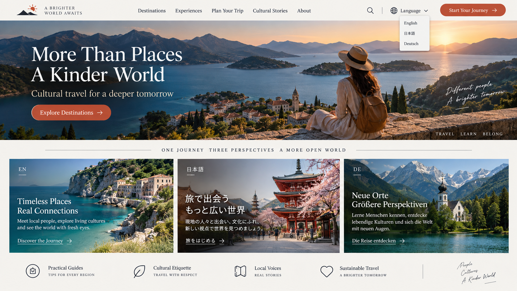 AI multilingual website builder example showing a complete desktop cultural travel website with language selector, English and Japanese content, flexible cards, and locale-aware navigation.