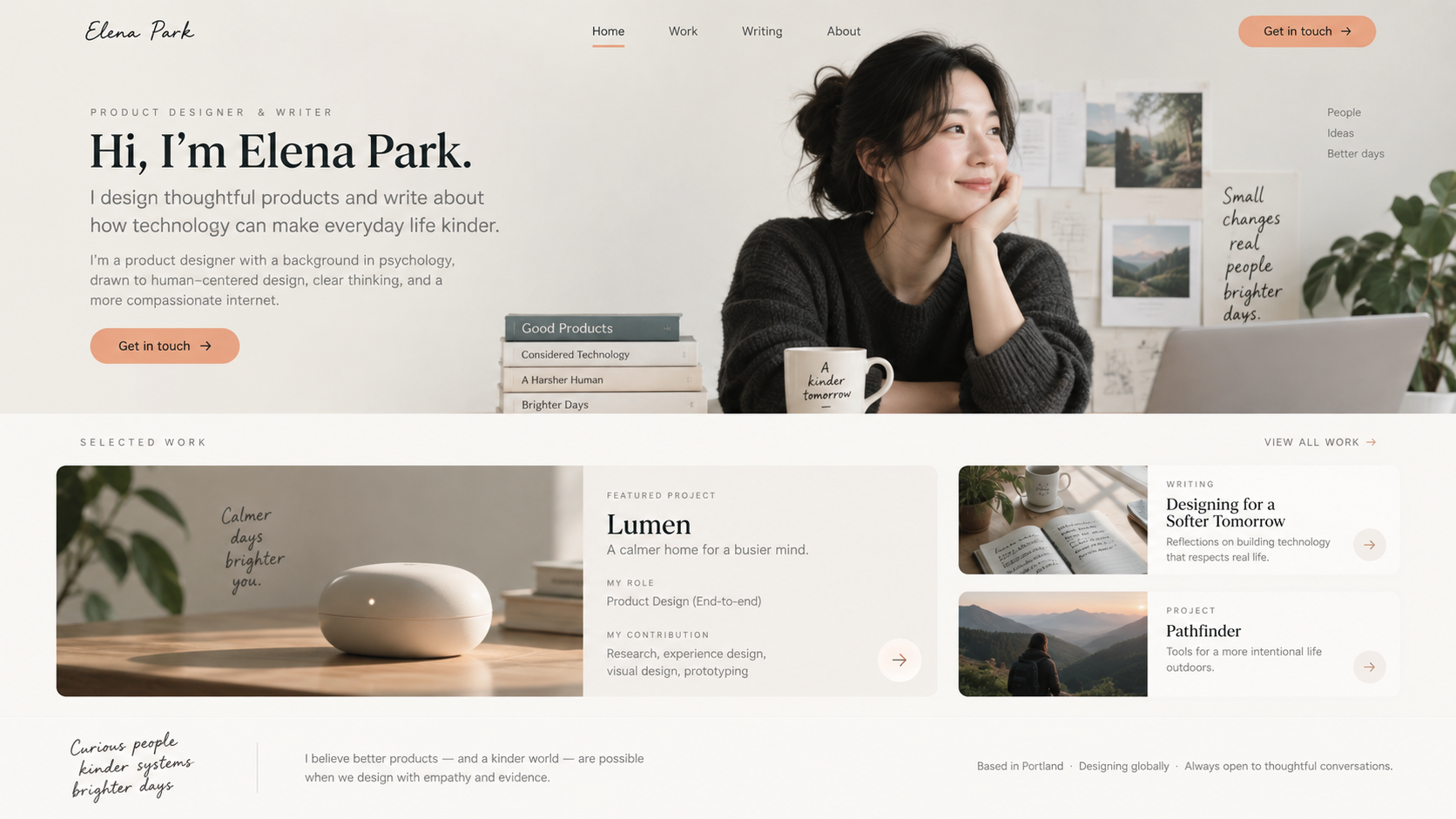 AI personal website builder example showing a complete desktop designer and writer website with personal introduction, featured project, selected writing, and contact call to action.