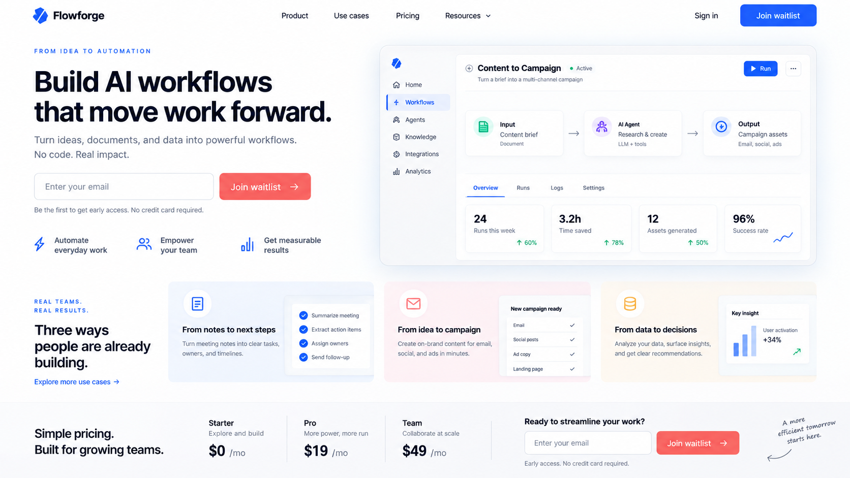 AI website builder for startups example showing a complete desktop workflow-product homepage with product interface proof, feature sections, pricing context, and a launch call to action.