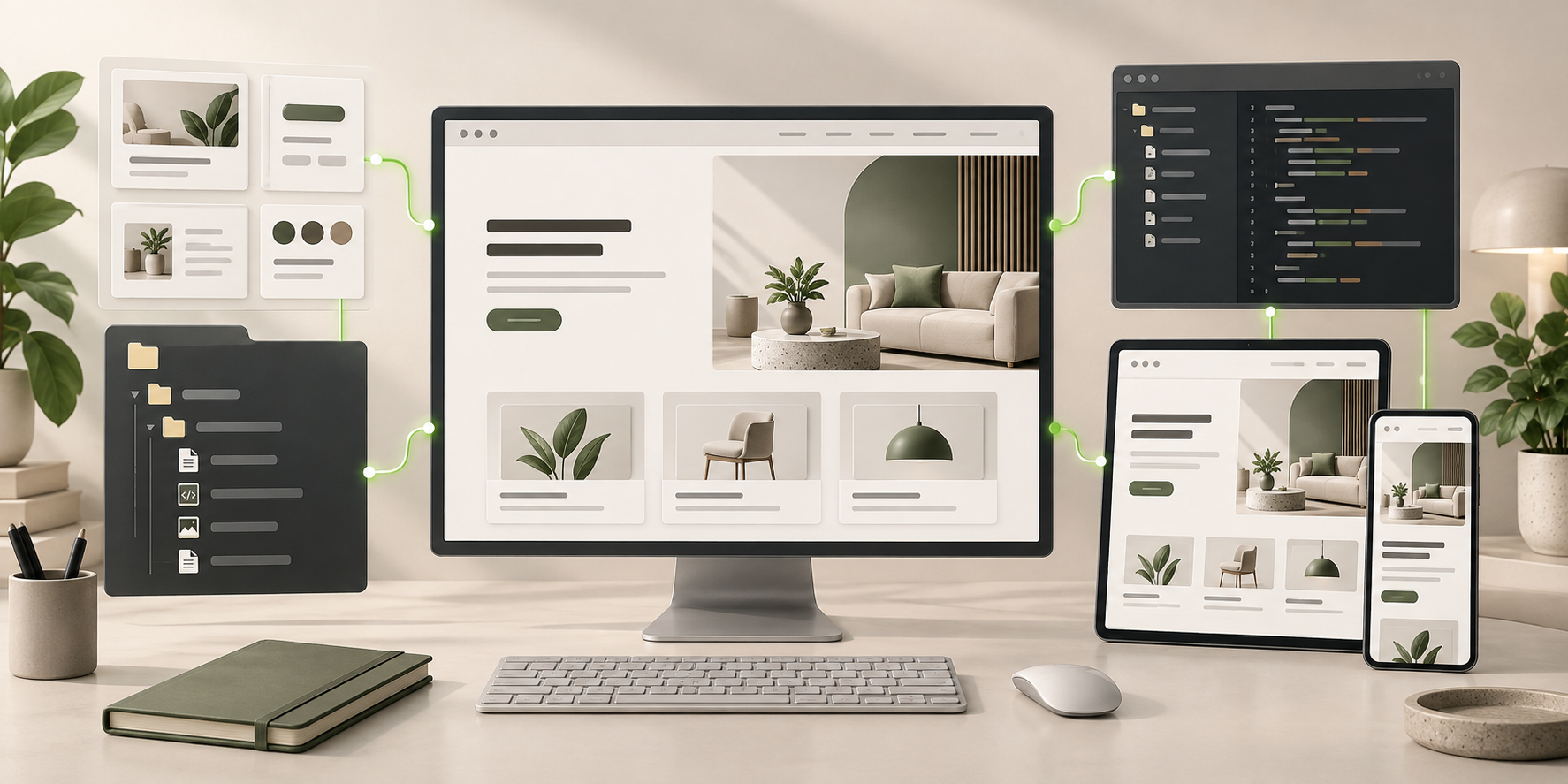 AI website builder output connected to editable frontend files, reusable components, a code editor, and responsive device previews.