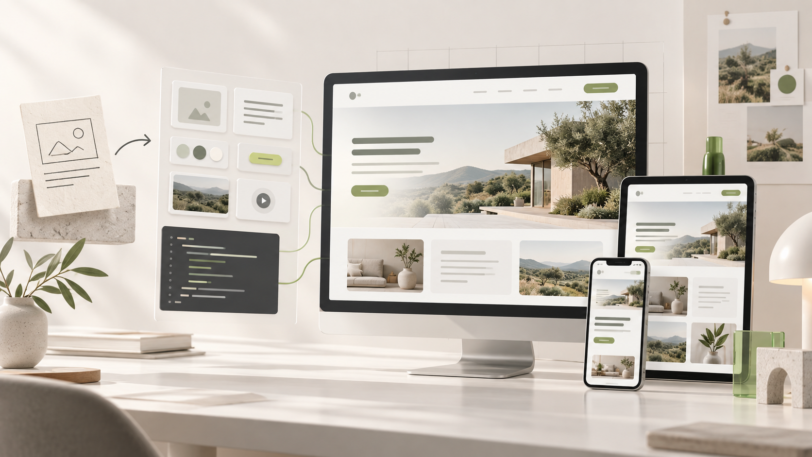 AI website builder workflow turning a creative brief, reusable components, and code into one responsive desktop, tablet, and mobile website.