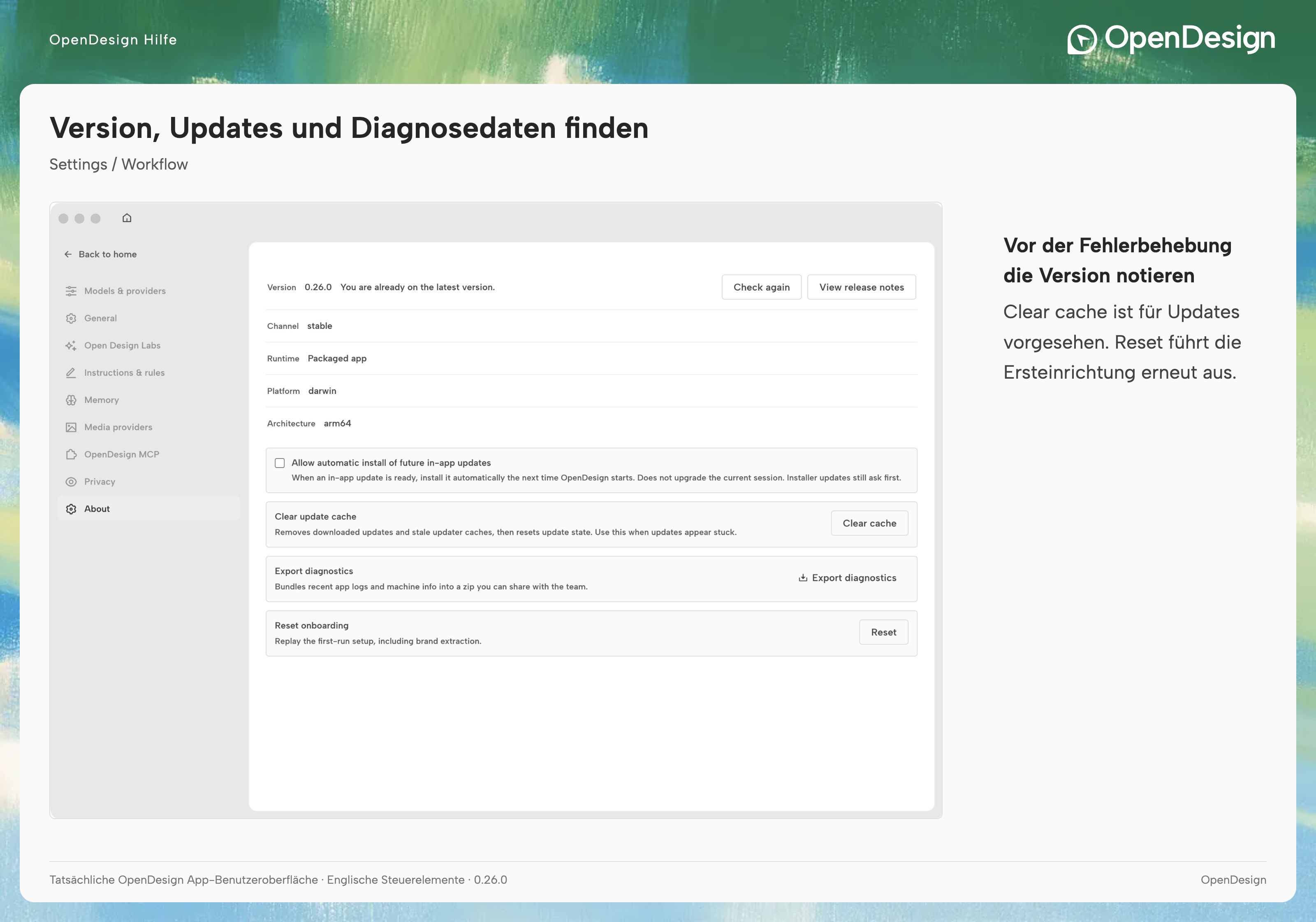 About mit Versionsdetails, Update-Aktionen und Diagnosedaten