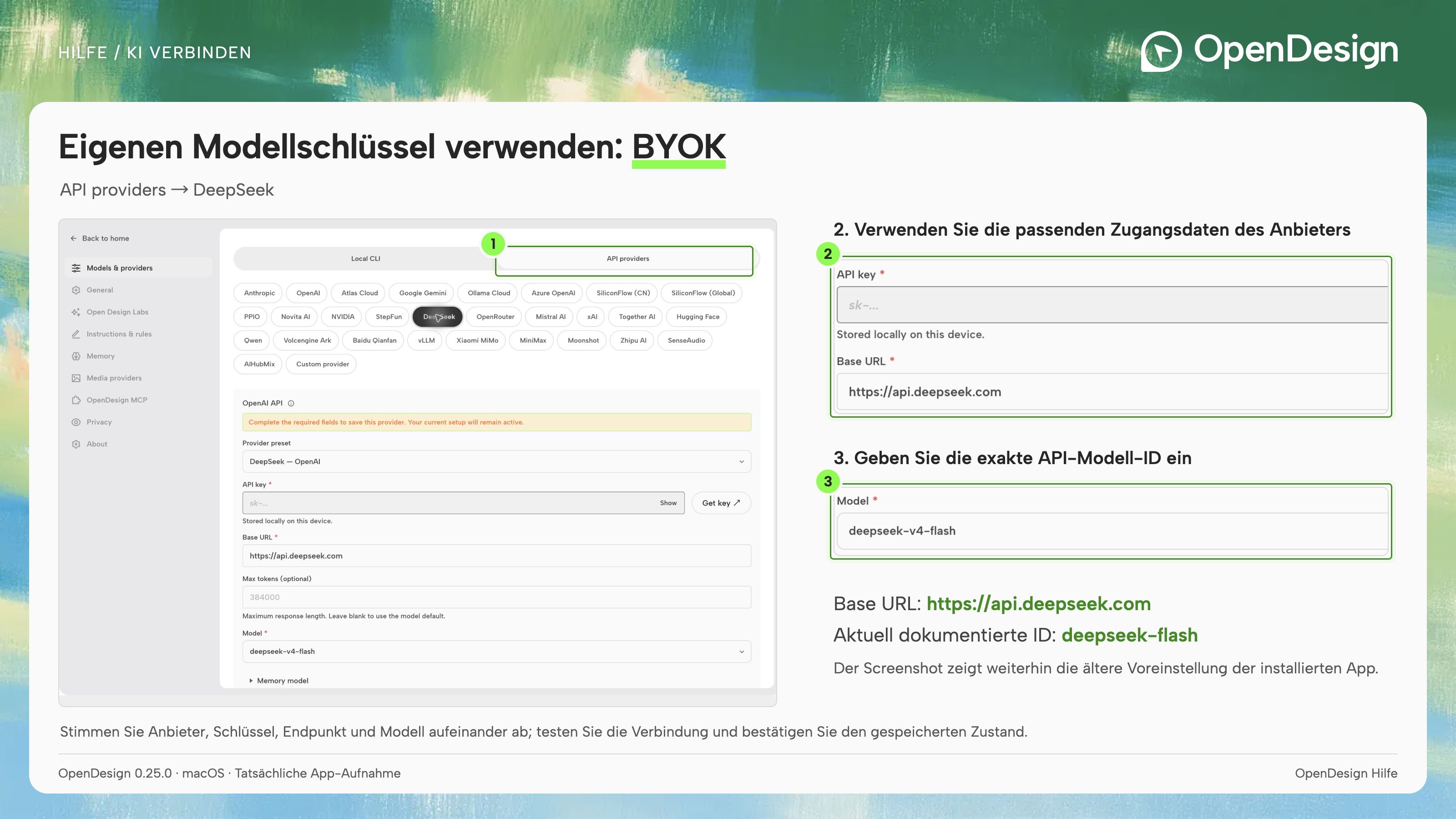 Wähle den Anbieter aus und stimme anschließend Schlüssel, API-Basis-URL und Modell darauf ab.
