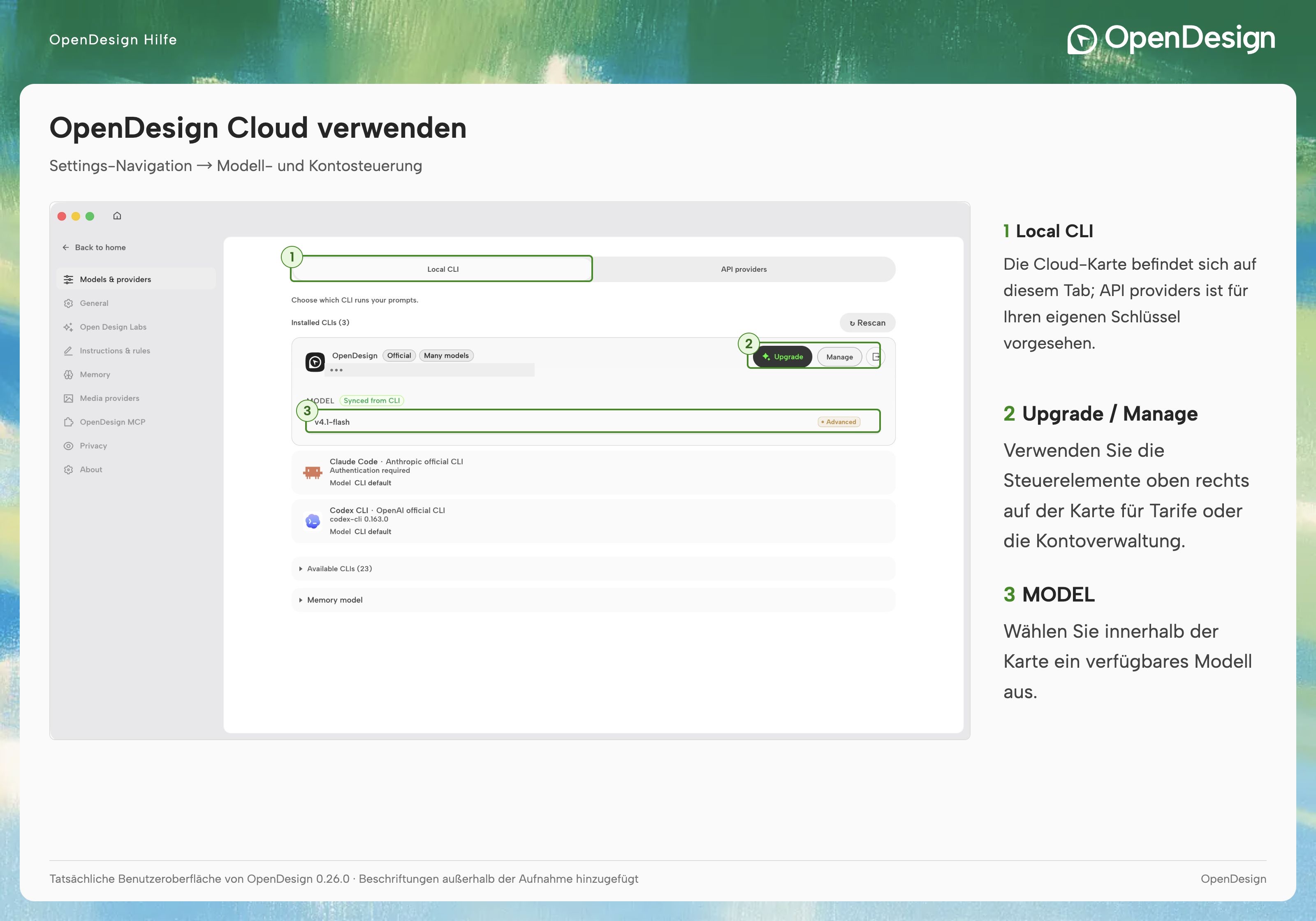 Die Karte OpenDesign Cloud mit den Steuerelementen für Modell, Upgrade und Manage.