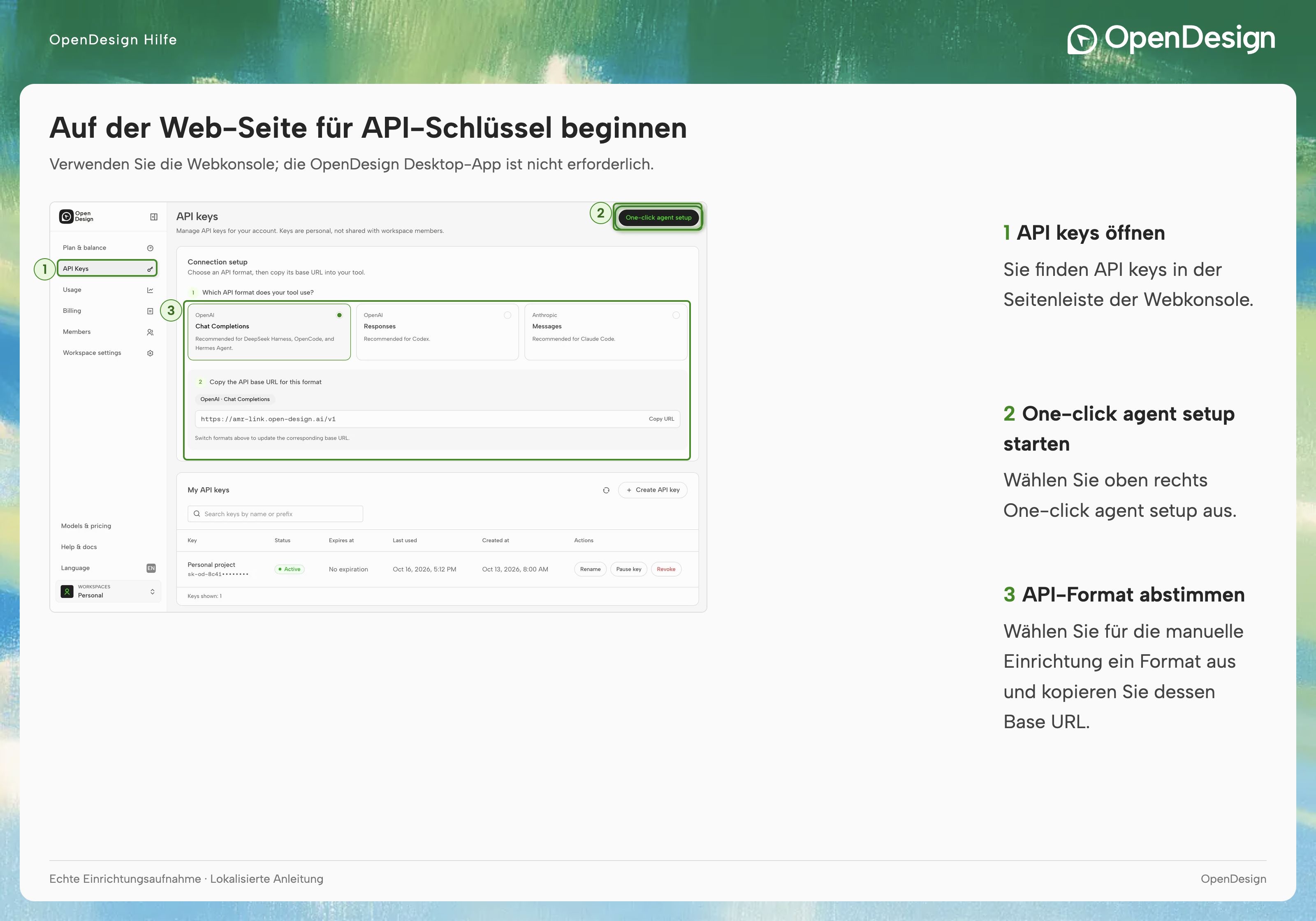 Die vollständige Seite API keys: One-click agent setup befindet sich oben rechts; Connection setup enthält API-Formate und die zugehörigen Basis-URLs.