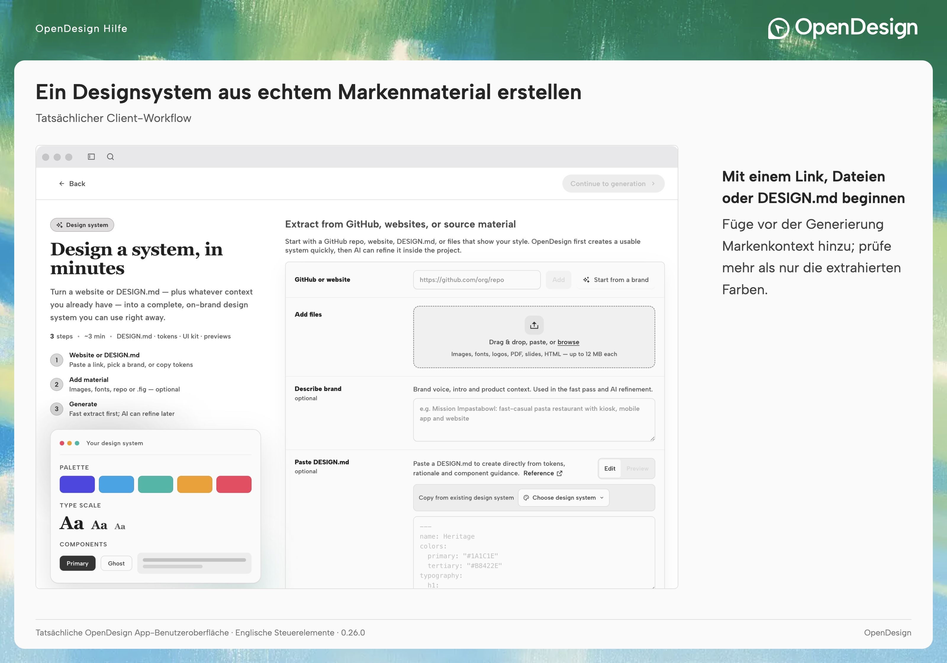 Bildschirm zur Erstellung eines Designsystems mit Eingaben für Quelllinks, Dateien, Markenbeschreibung und DESIGN.md.