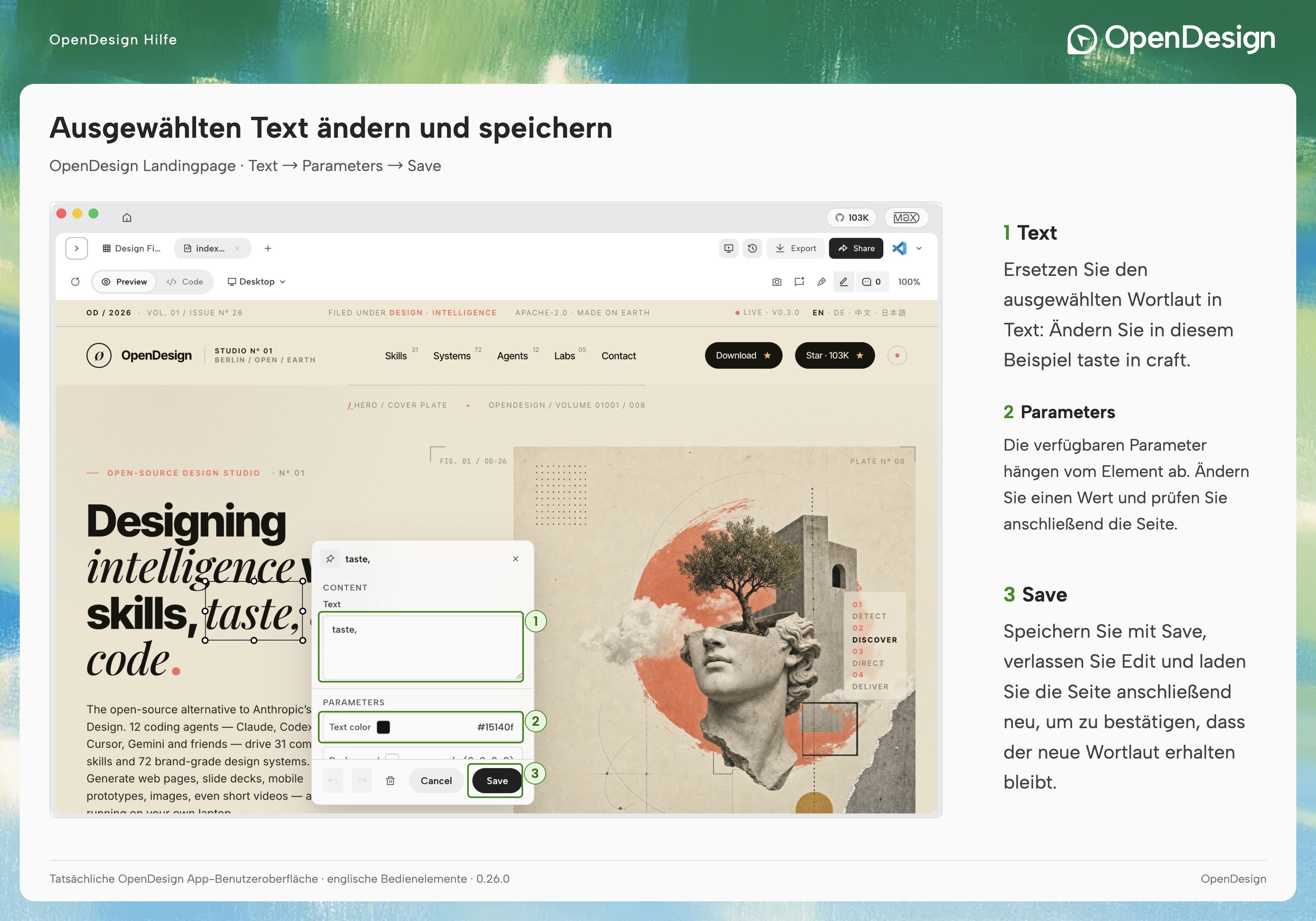 Text, kontextabhängige Parameter und Save im OpenDesign-Landing-Editor.