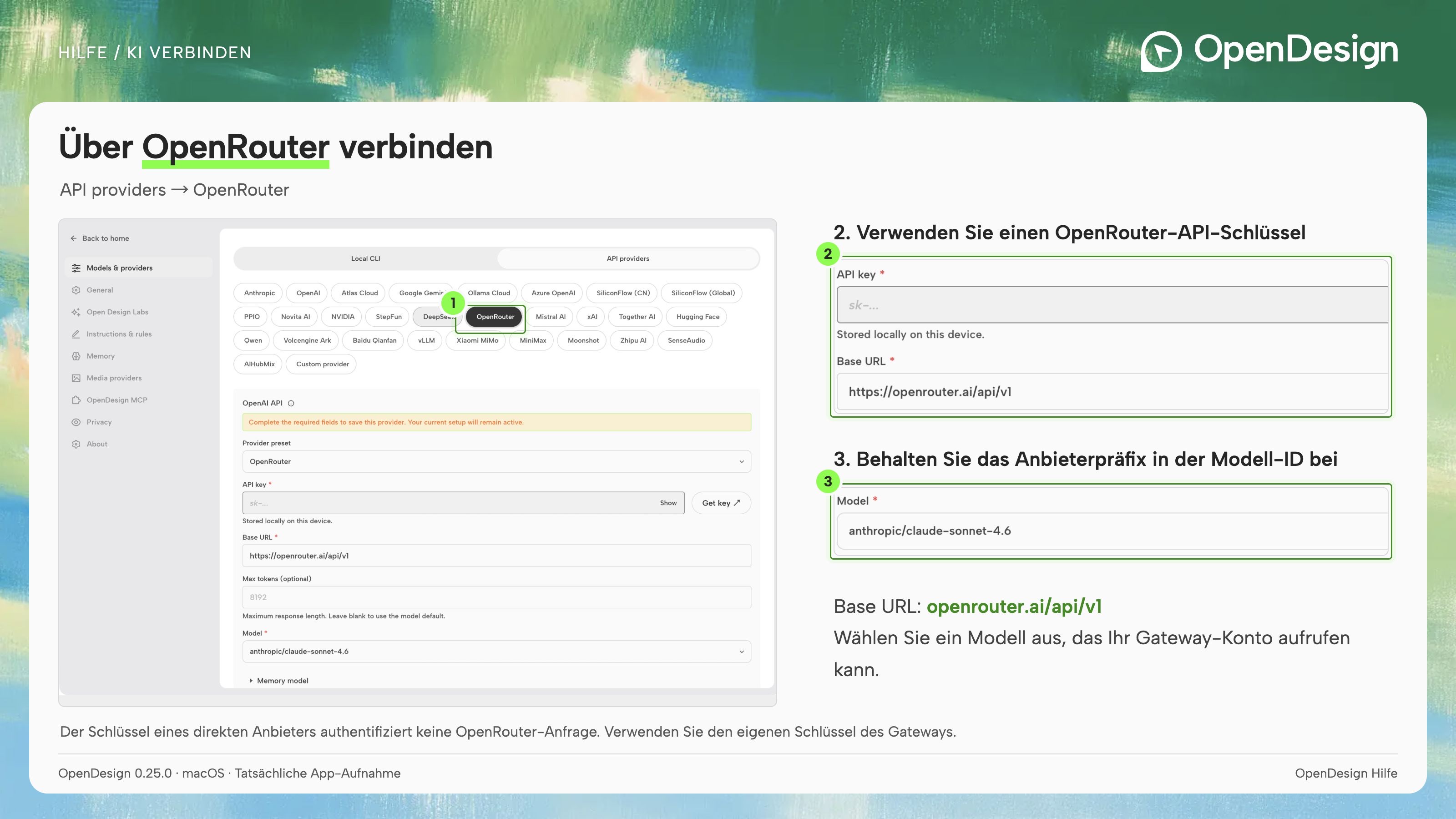 OpenRouter verwendet einen eigenen Schlüssel, eine eigene Gateway-Adresse und Modell-IDs mit Anbieterpräfix.