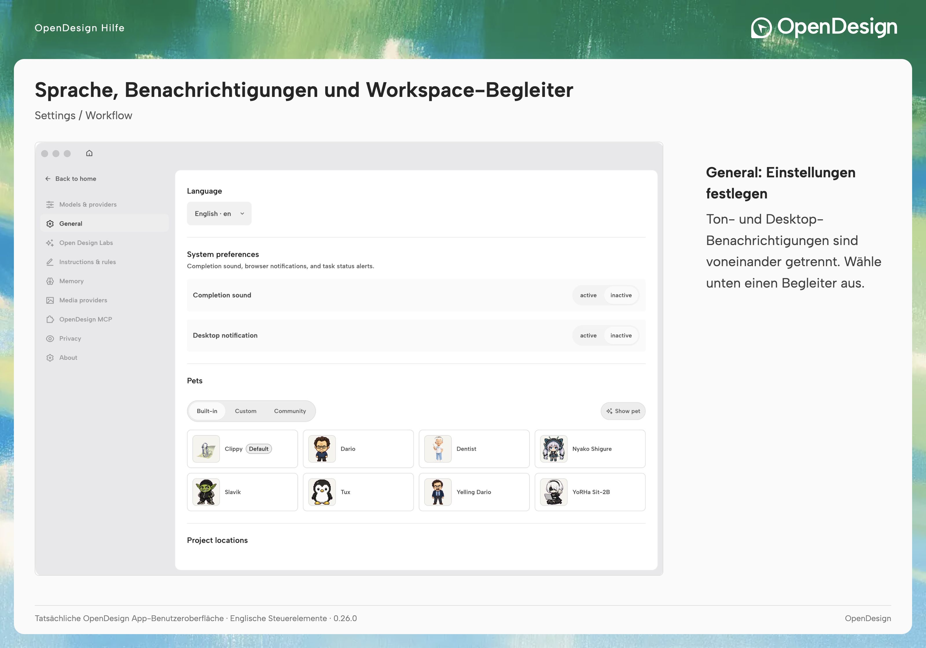 General-Einstellungen für Sprache, Ton, Benachrichtigungen, Pets und Projektorte