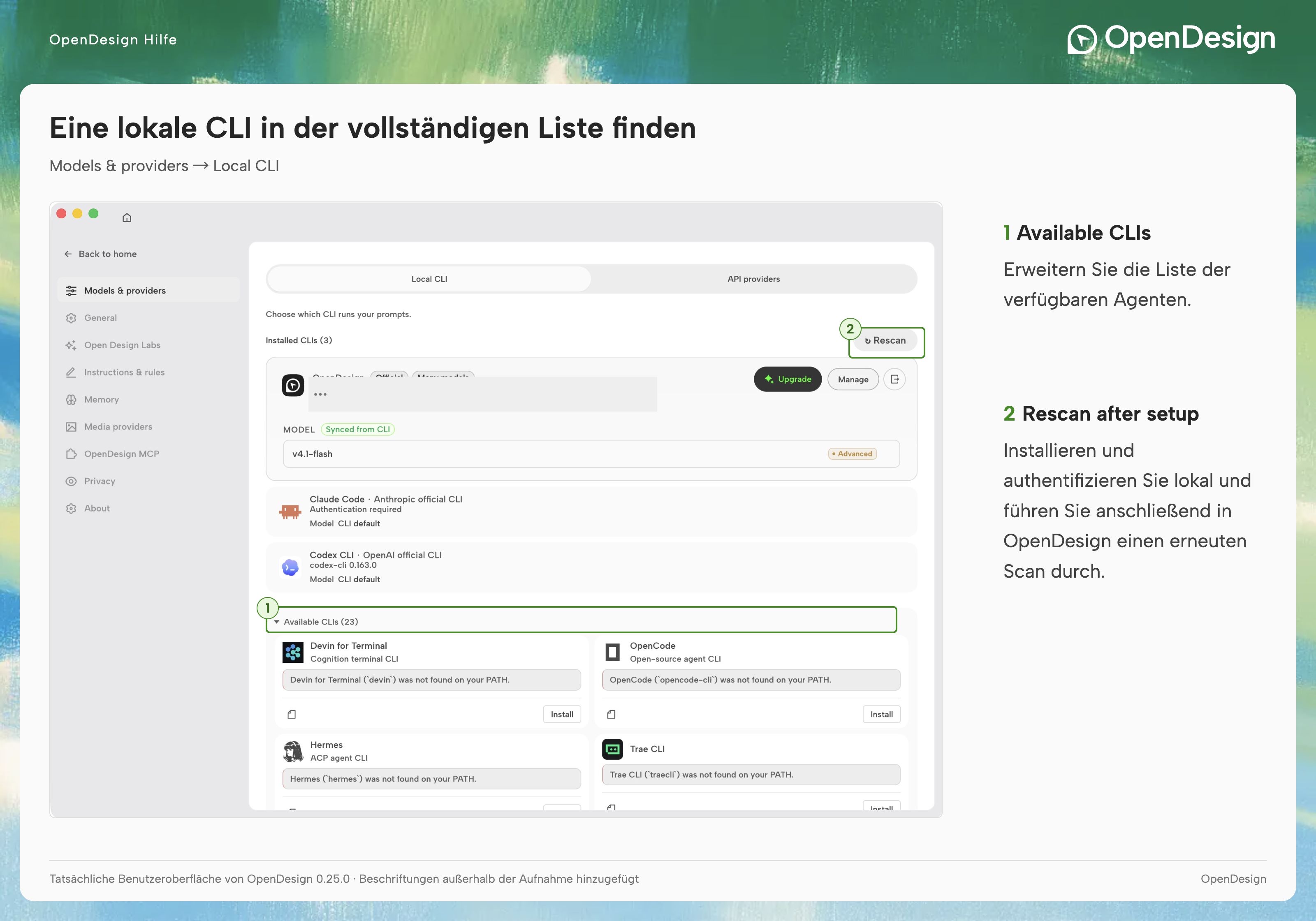 Installierte CLIs finden, nach der Einrichtung erneut scannen und einen verfügbaren Agenten sowie ein Modell auswählen.
