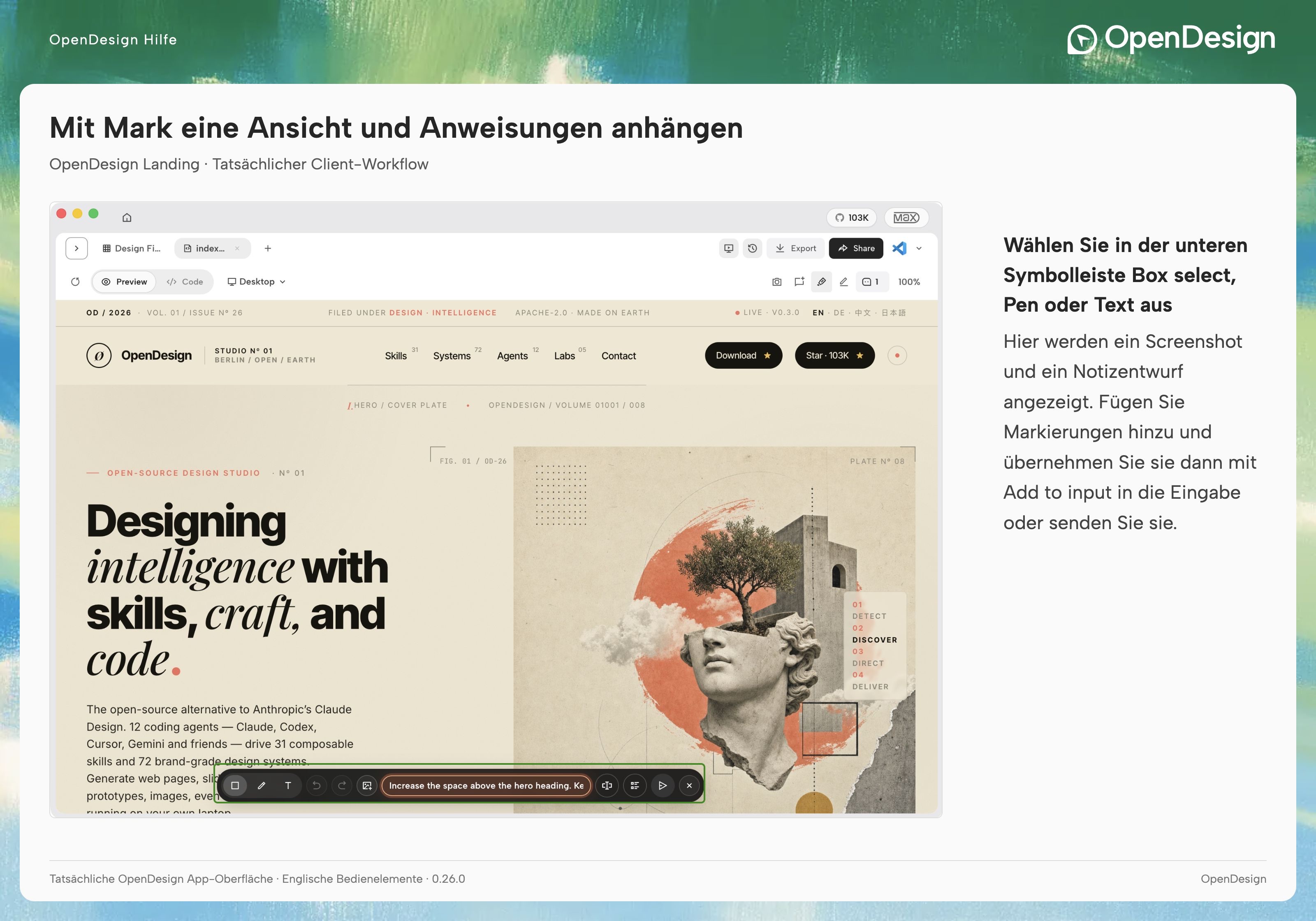 Die Mark-Symbolleiste und ein Anfrageentwurf über der tatsächlichen Landingpage.