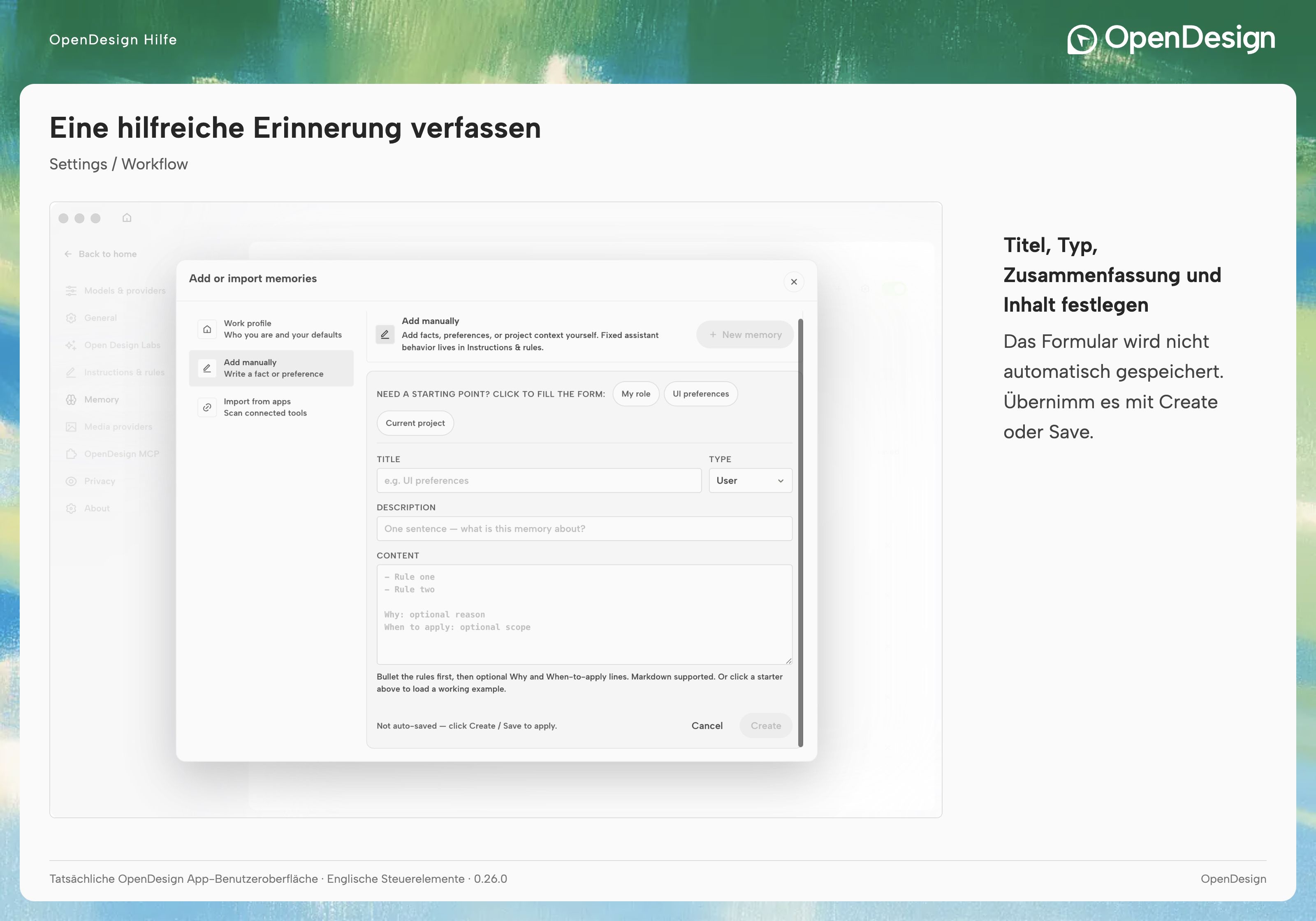 Der manuelle Editor enthält Titel, Typ, Beschreibung und Markdown-Inhalt sowie explizite Steuerelemente zum Speichern.