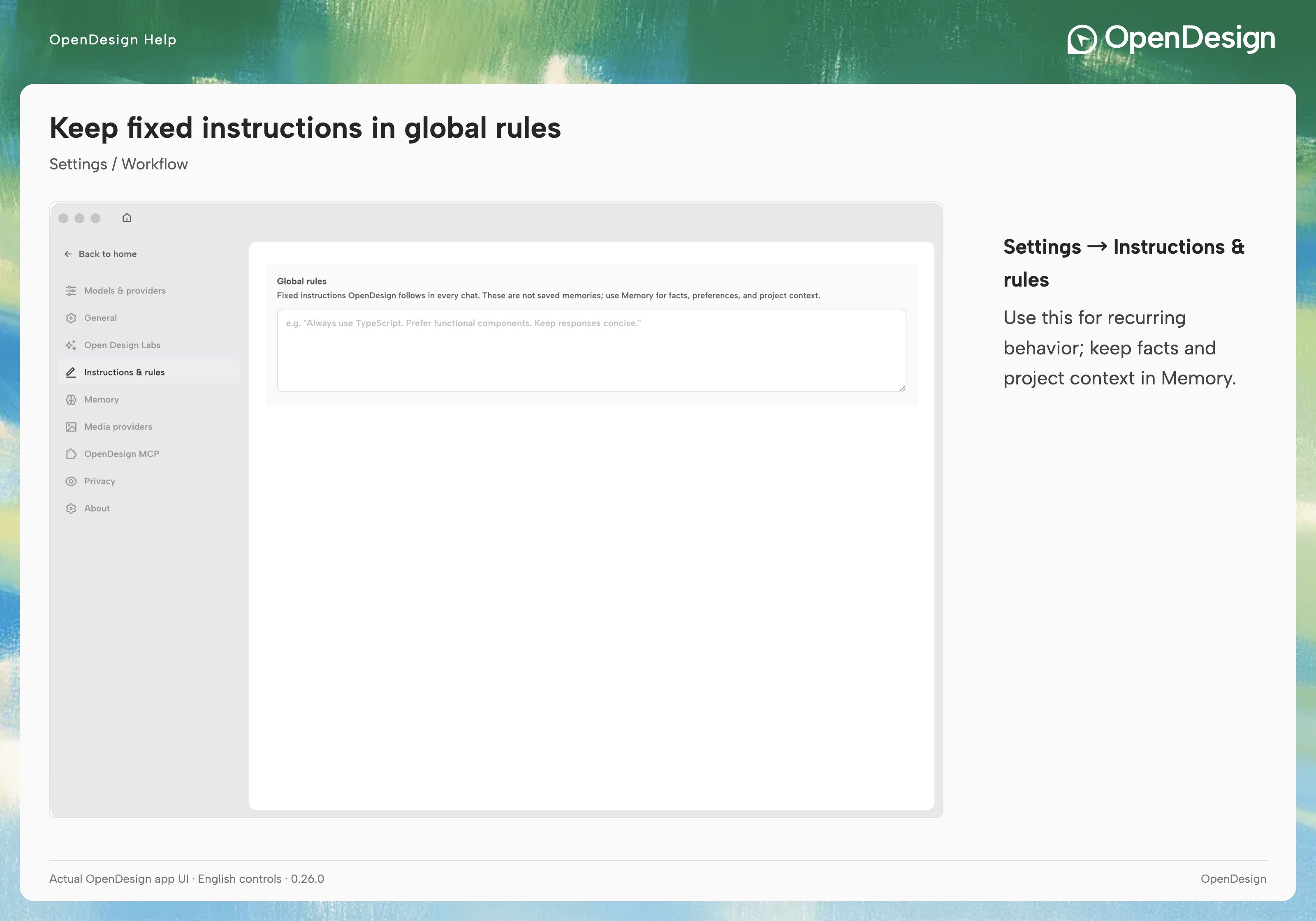 Global rules define fixed behavior; the page directs reusable facts and preferences to Memory.