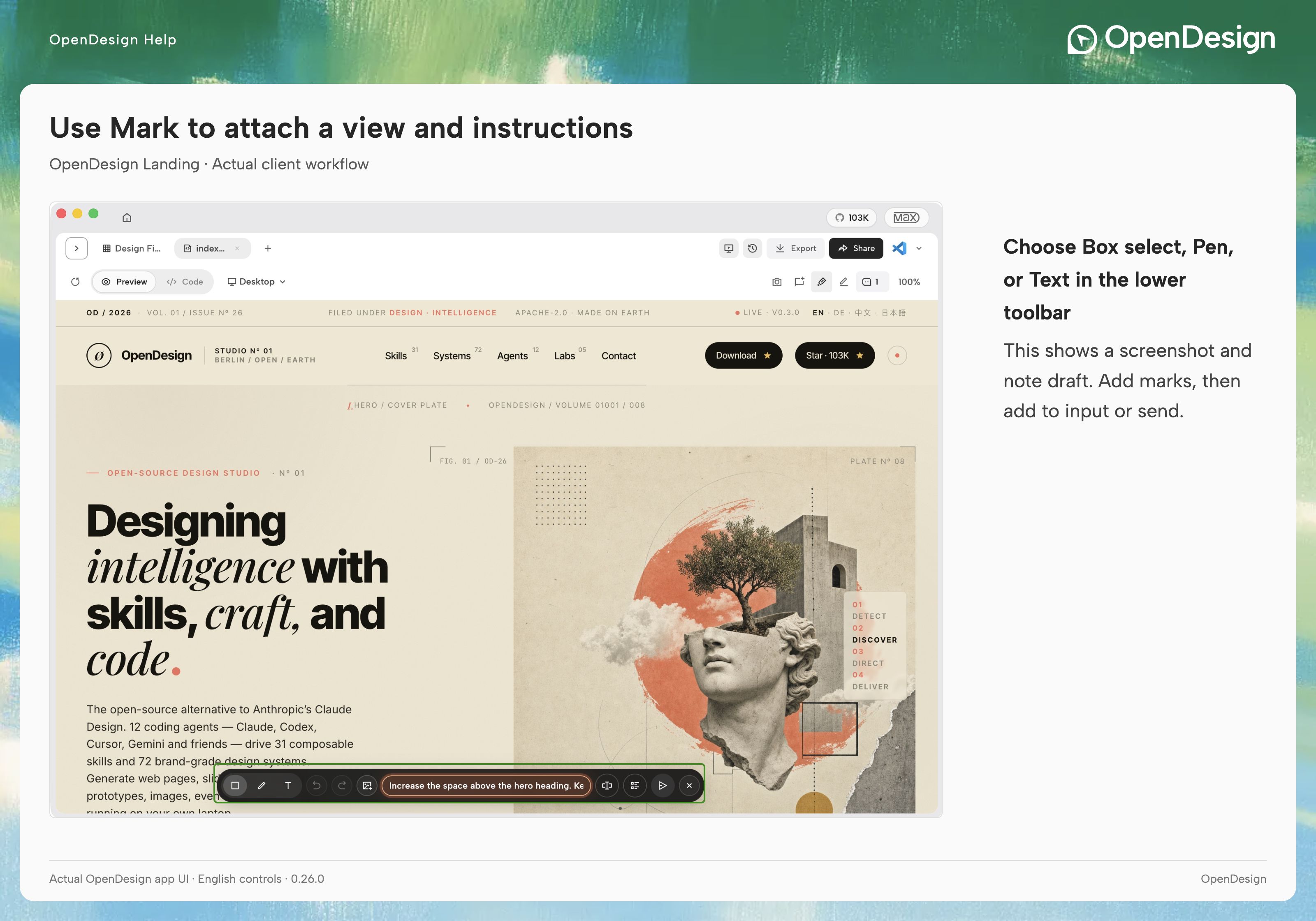 Mark toolbar and a draft request above the real landing page.