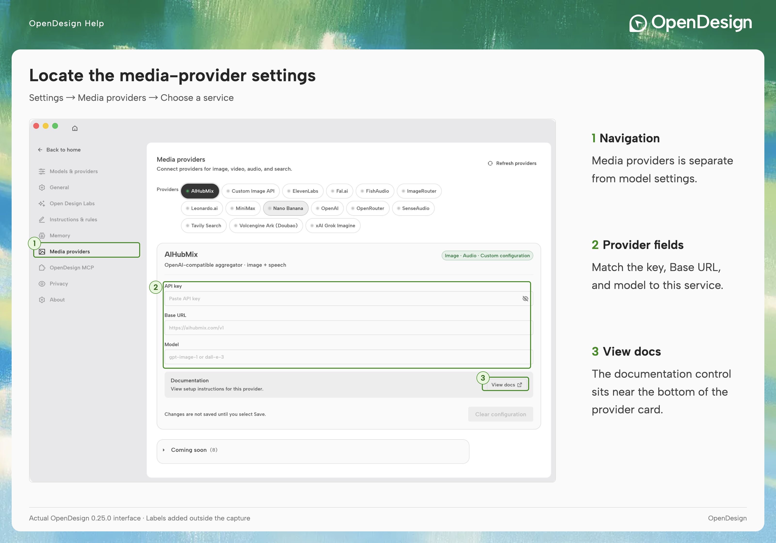 Settings for image, video, and audio provider connections