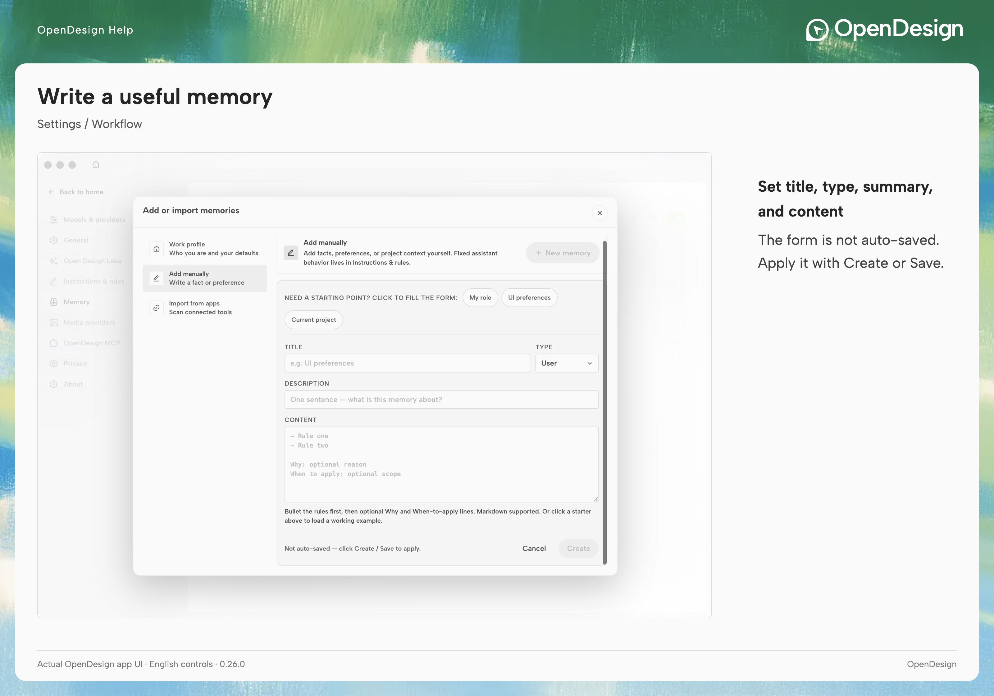 The manual editor has title, type, description, and Markdown content, with explicit save controls.