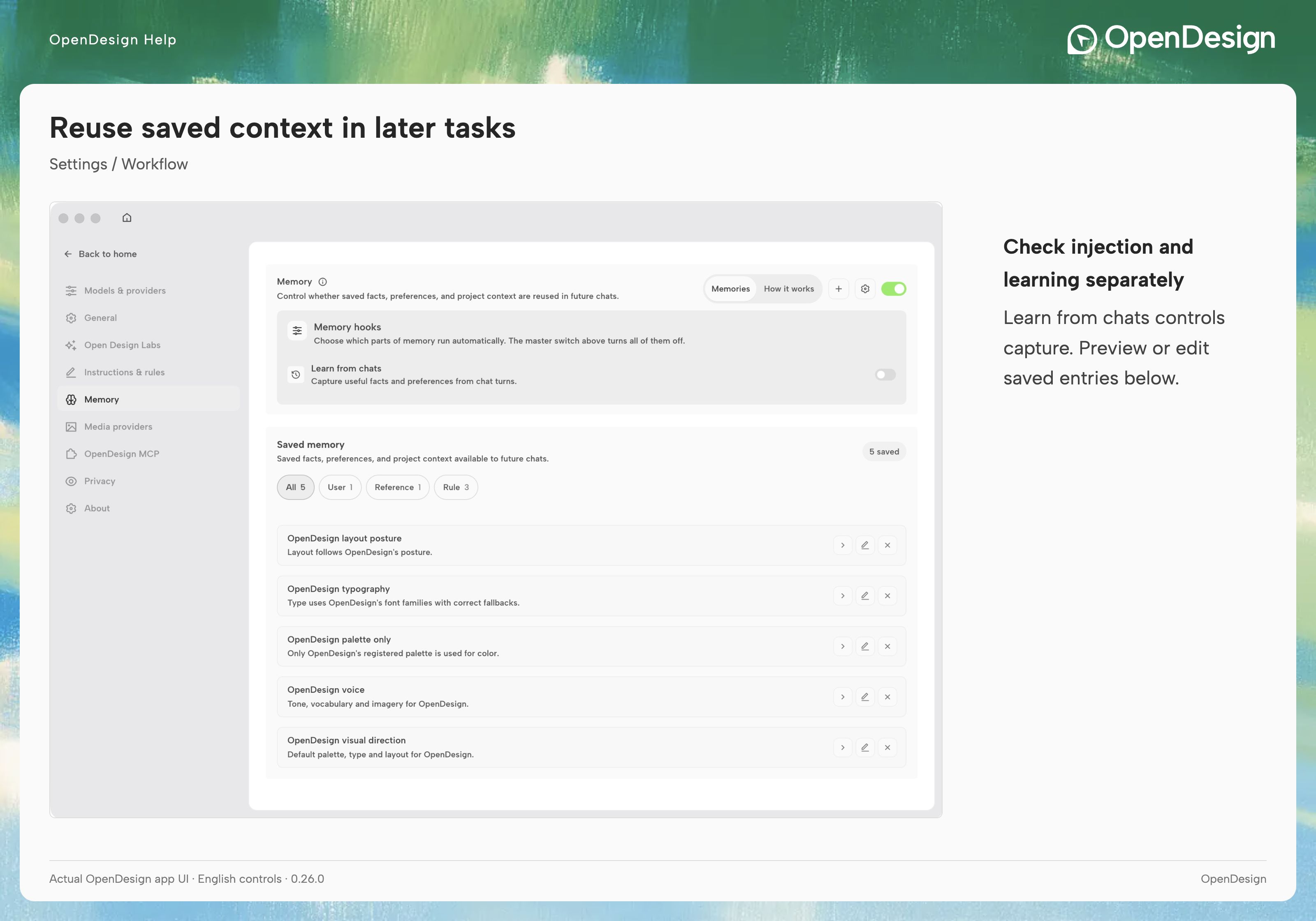 The injection switch, learning switch, and saved entries are separate controls.