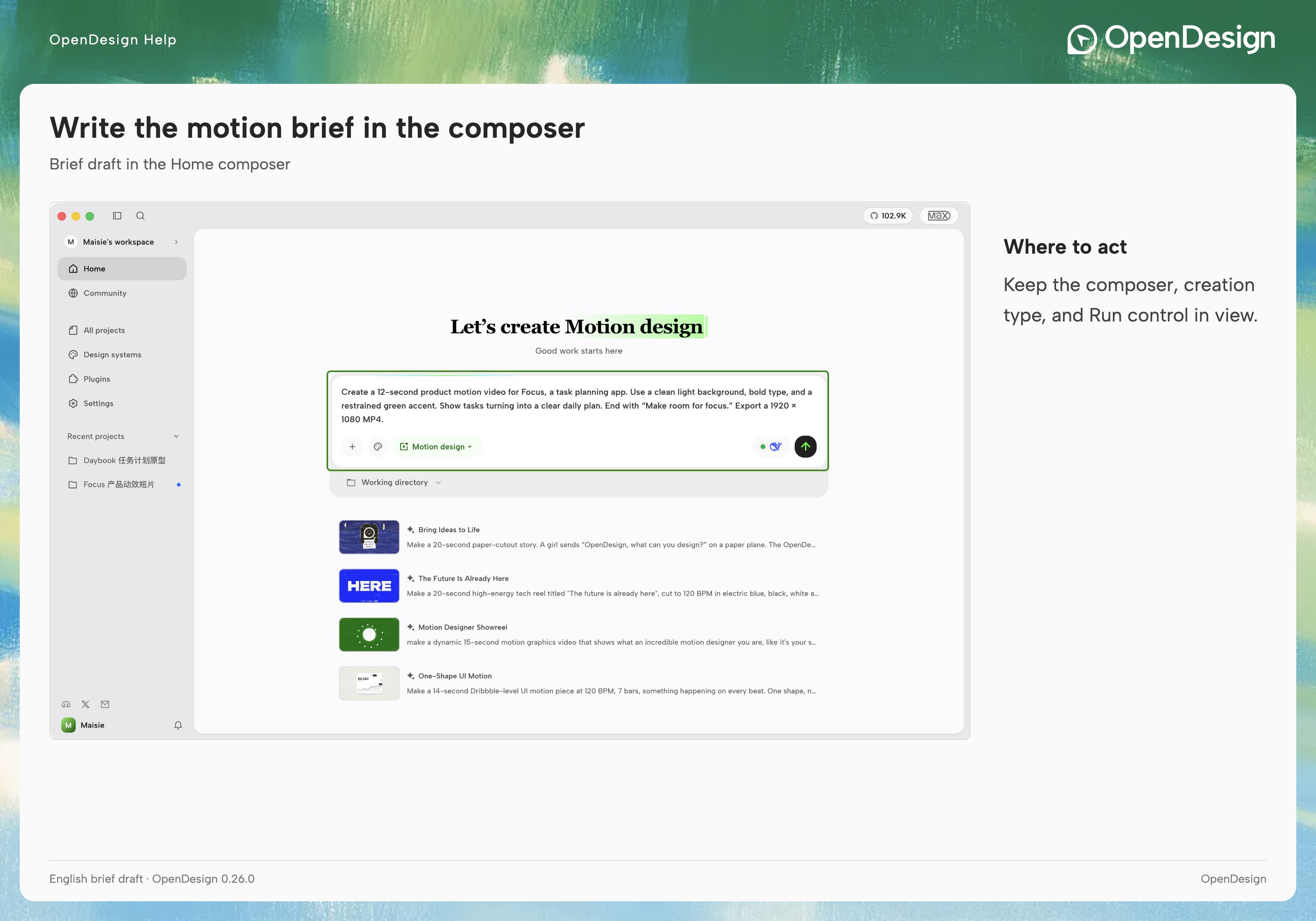 An English brief draft in the Home composer. Confirm the creation type before submitting it.