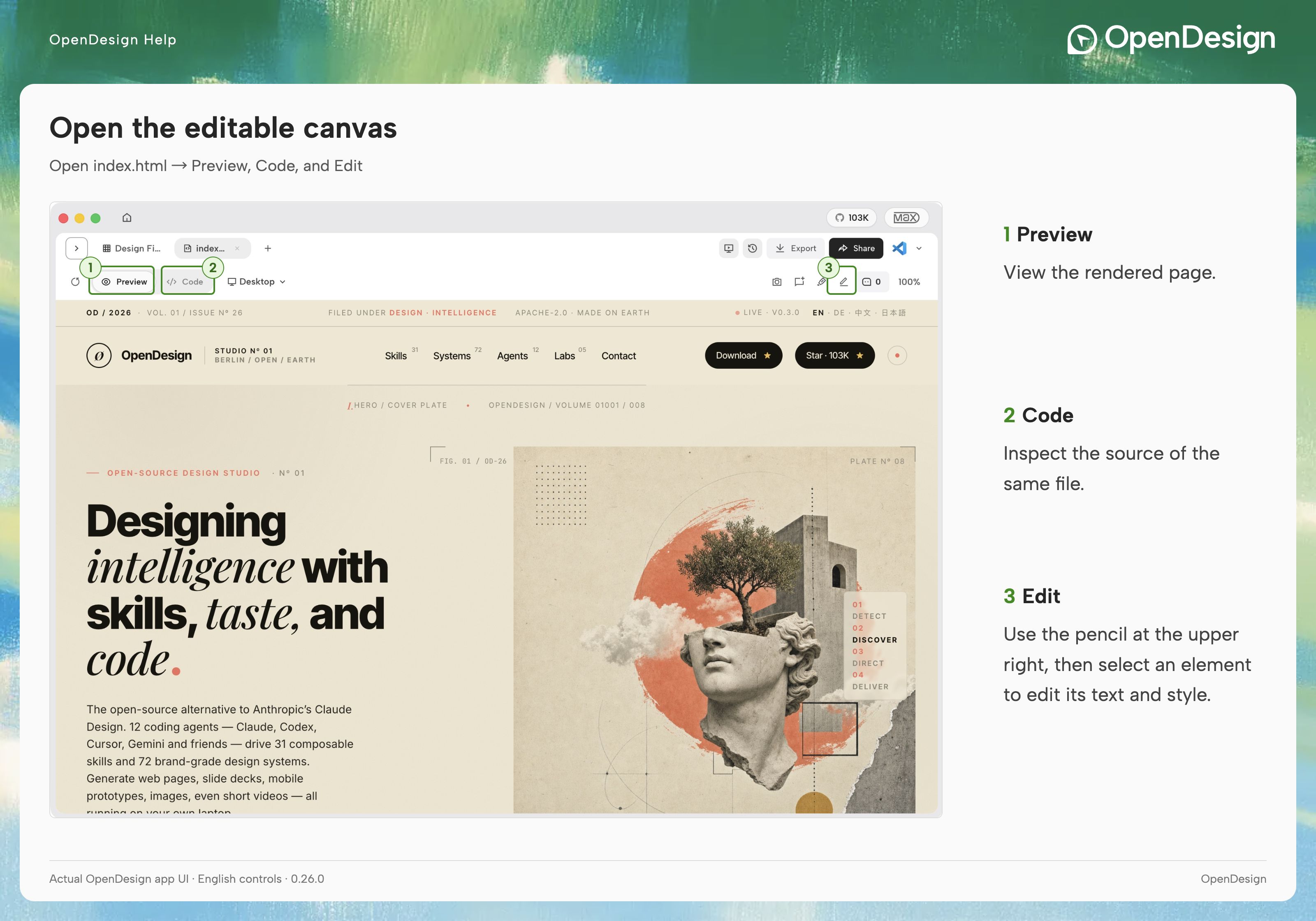 The editable OpenDesign Landing page with its real client toolbar.