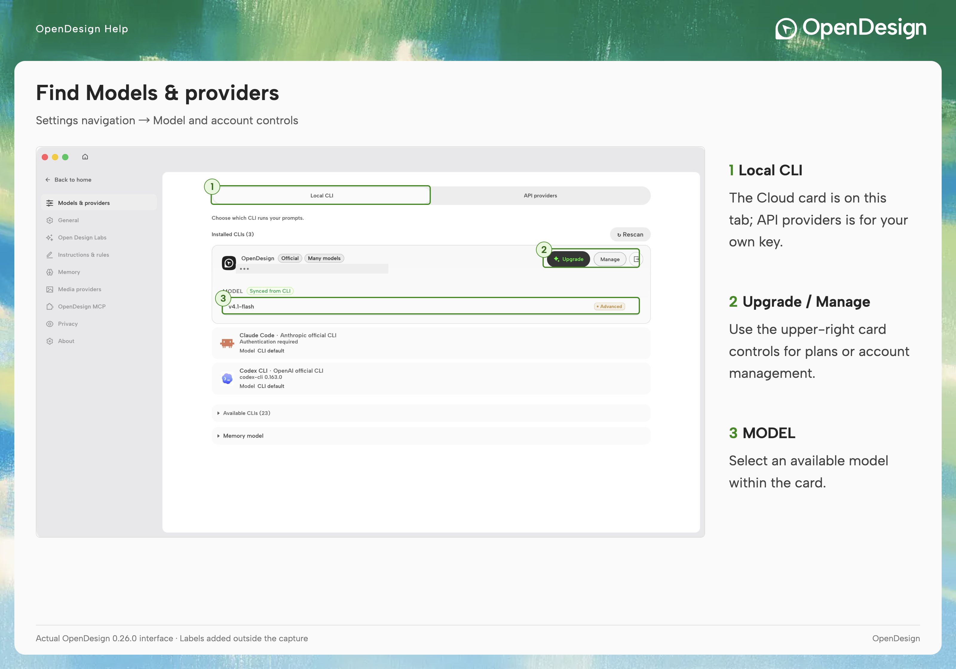OpenDesign settings navigation and Models & providers tabs.