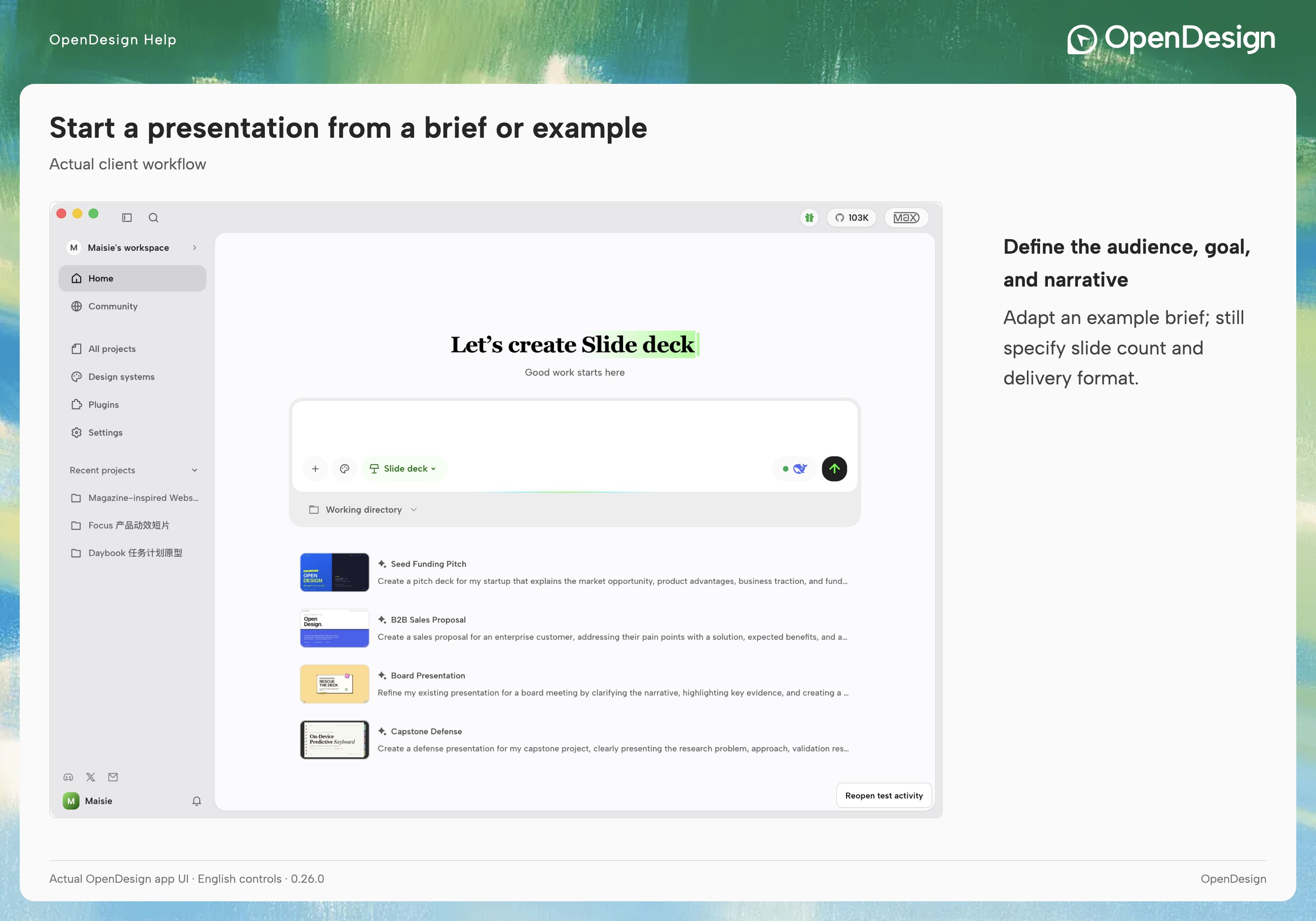 Slide deck selected on Home before entering a presentation brief
