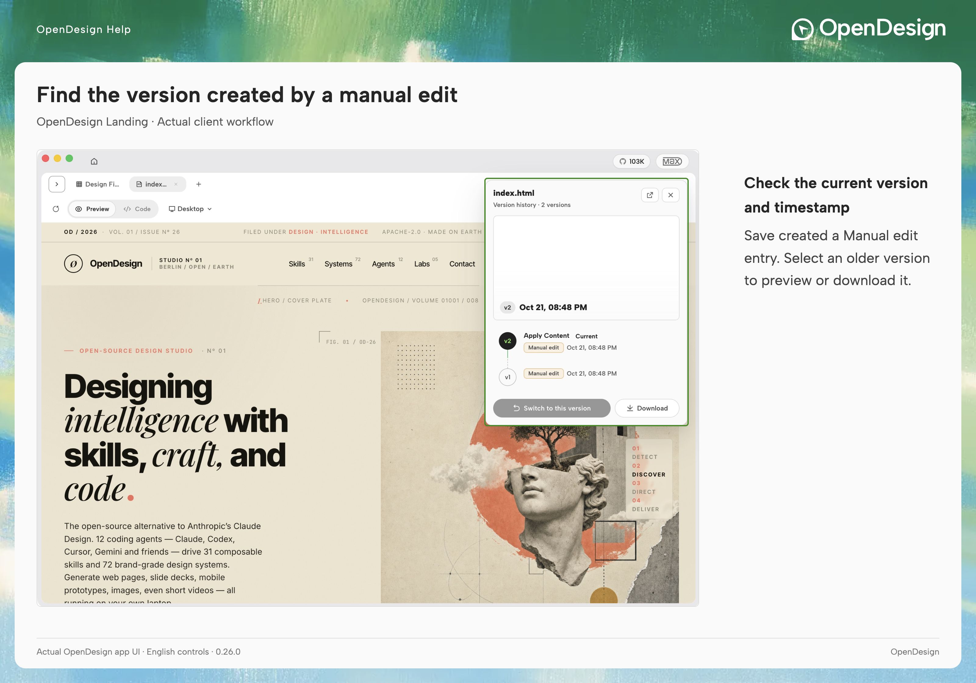 Open Versions from the file toolbar to inspect the current version and its history.