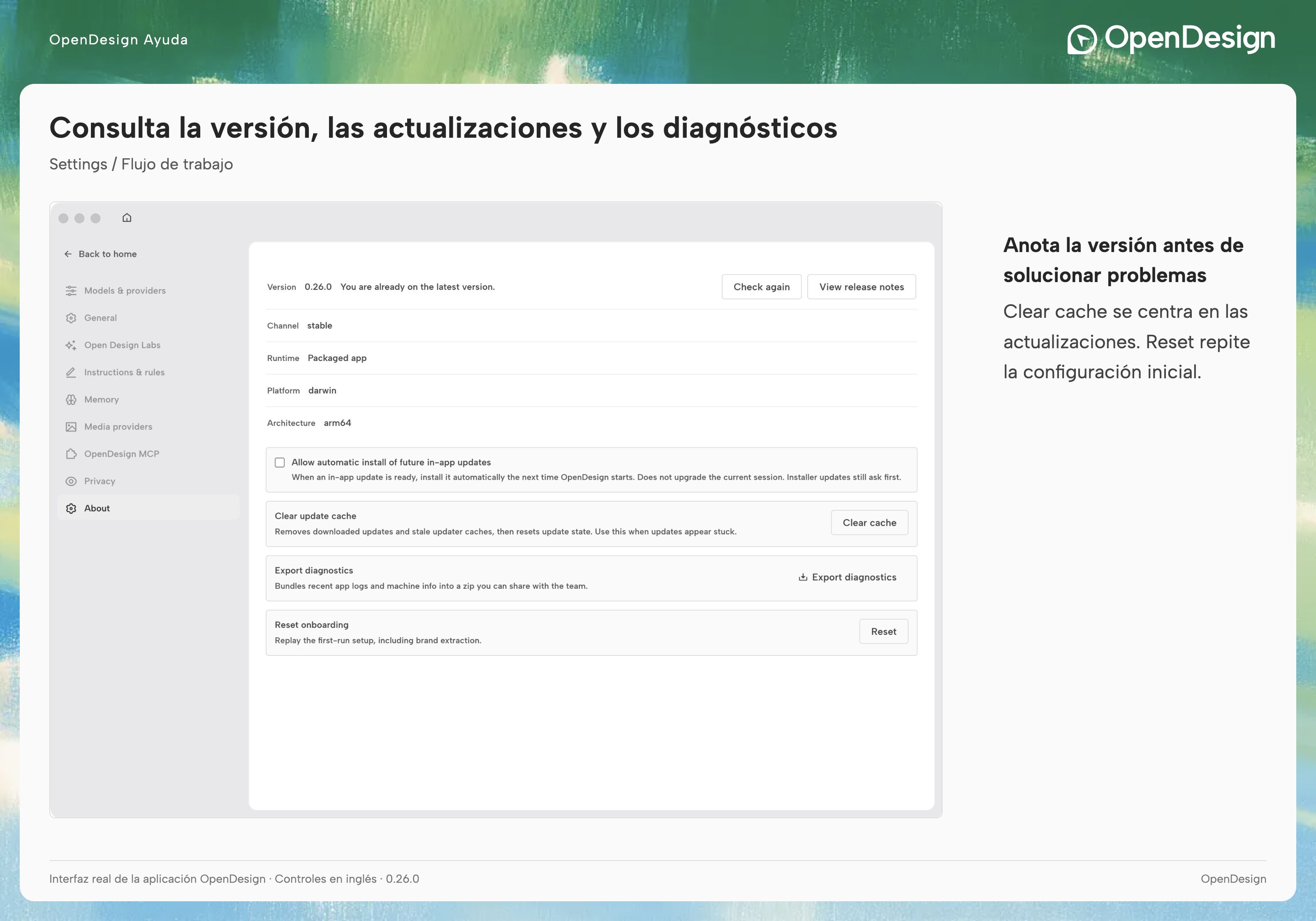 About con detalles de la versión, acciones de actualización y diagnósticos